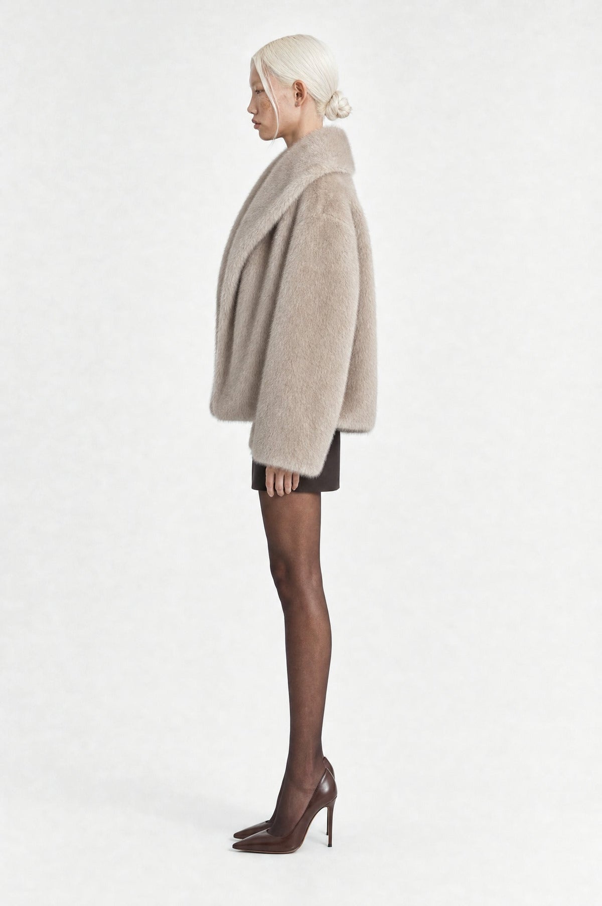 The Belgravia Faux Fur Jacket in Beige Grey, side profile