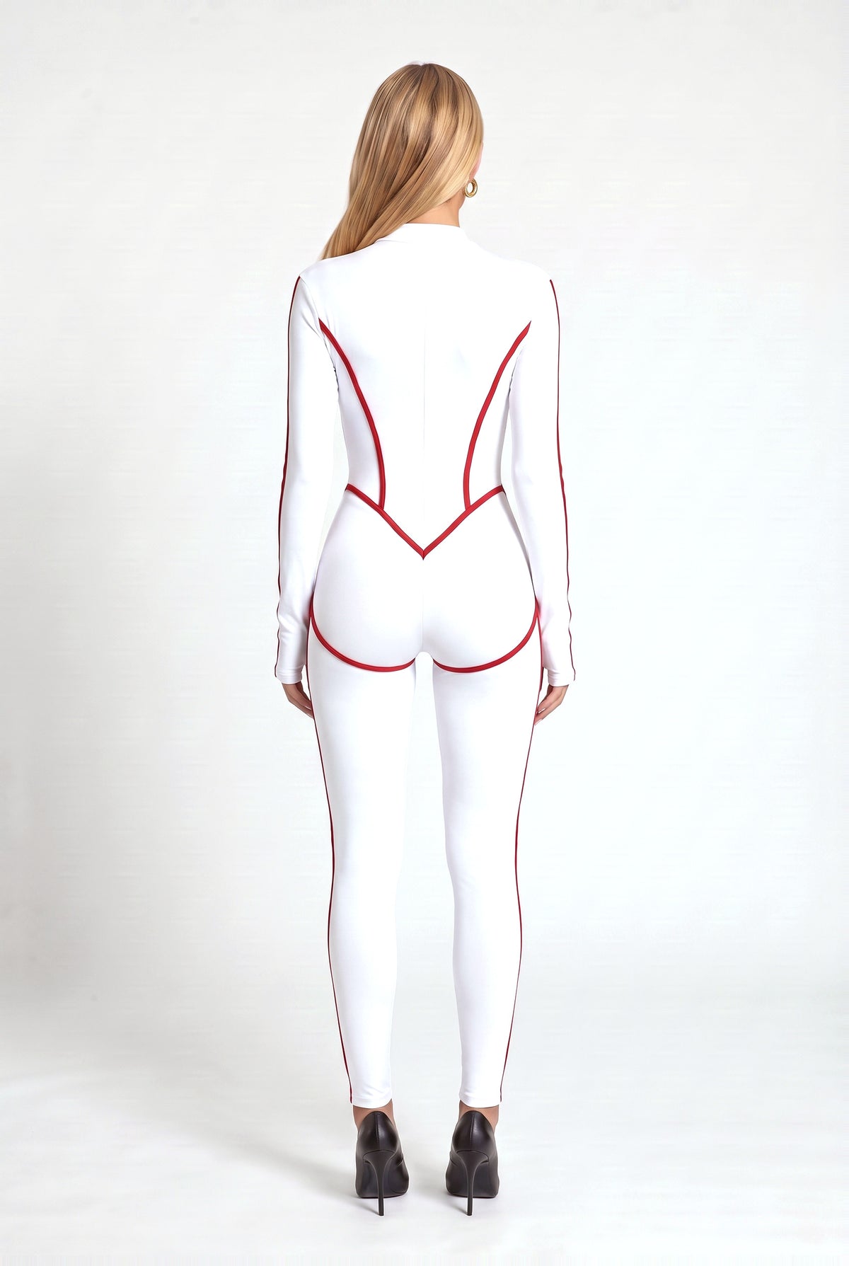 Stockwell Printed Catsuit in White & Red, back view
