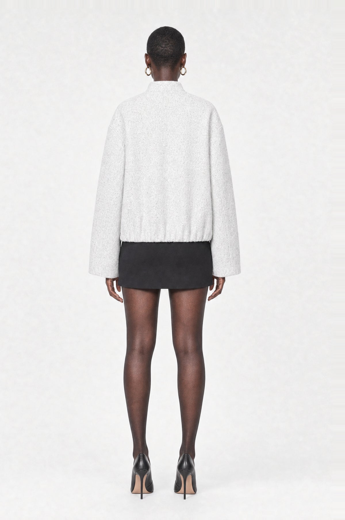 Barbican Bouclé Bomber Jacket in White, back