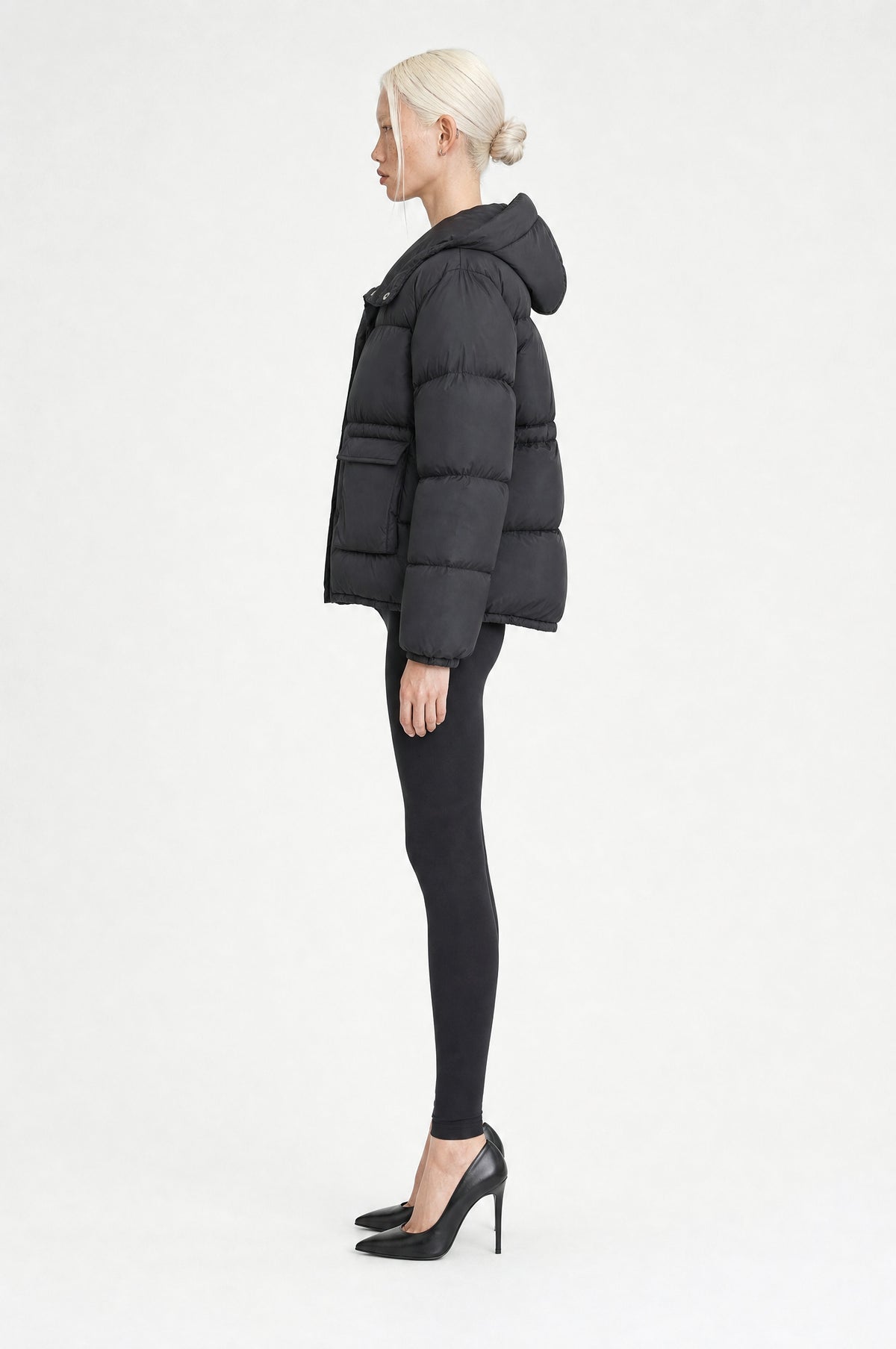 The Richmond Hooded Puffer in Black, side profile