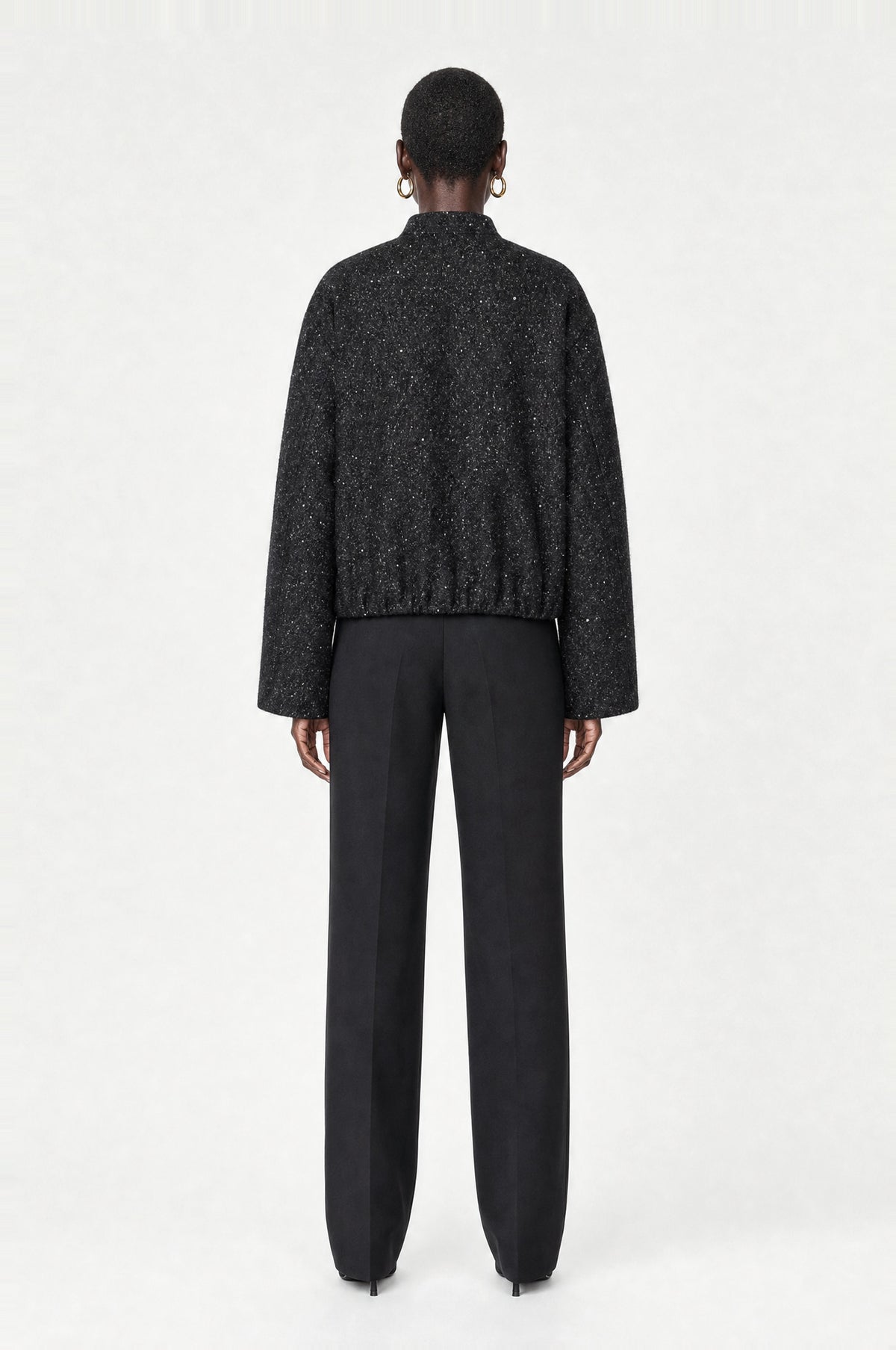 Barbican Bouclé Bomber Jacket in Black, back