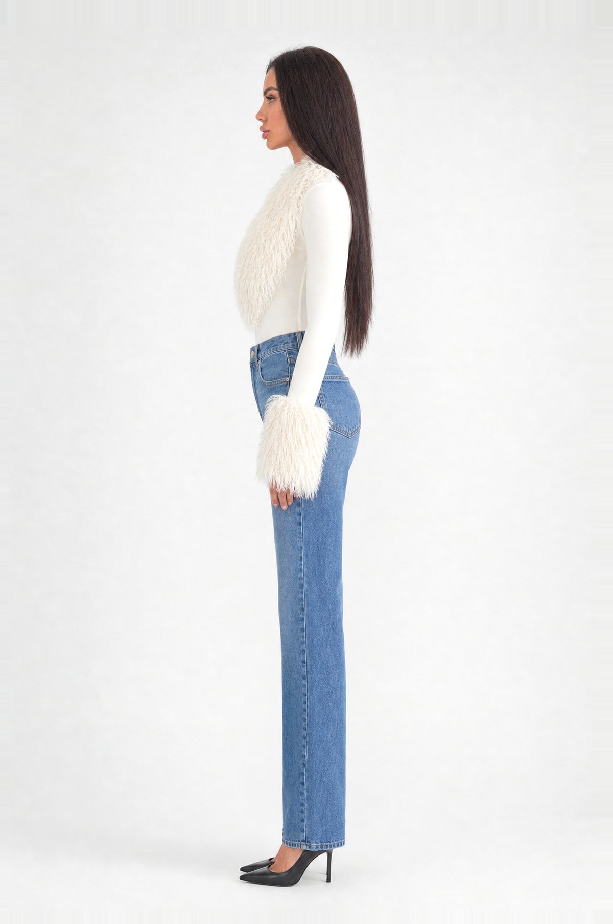 The Highgate Faux Shearling Bodysuit in Cream, side profile