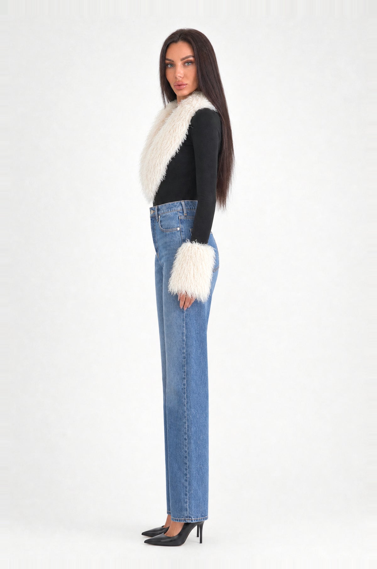 The Highgate Faux Shearling Bodysuit in Black & Cream, side, looking at camera