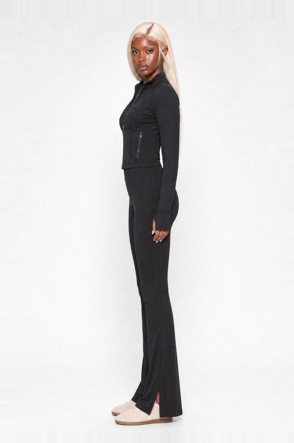 Peckham Flare Two-Piece Set in Black, side view looking back