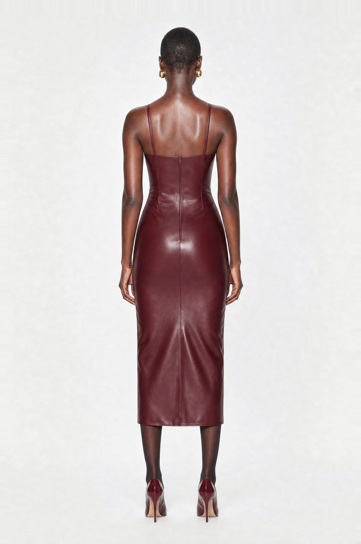 Piccadilly Faux Leather Midi Dress in Burgundy, back