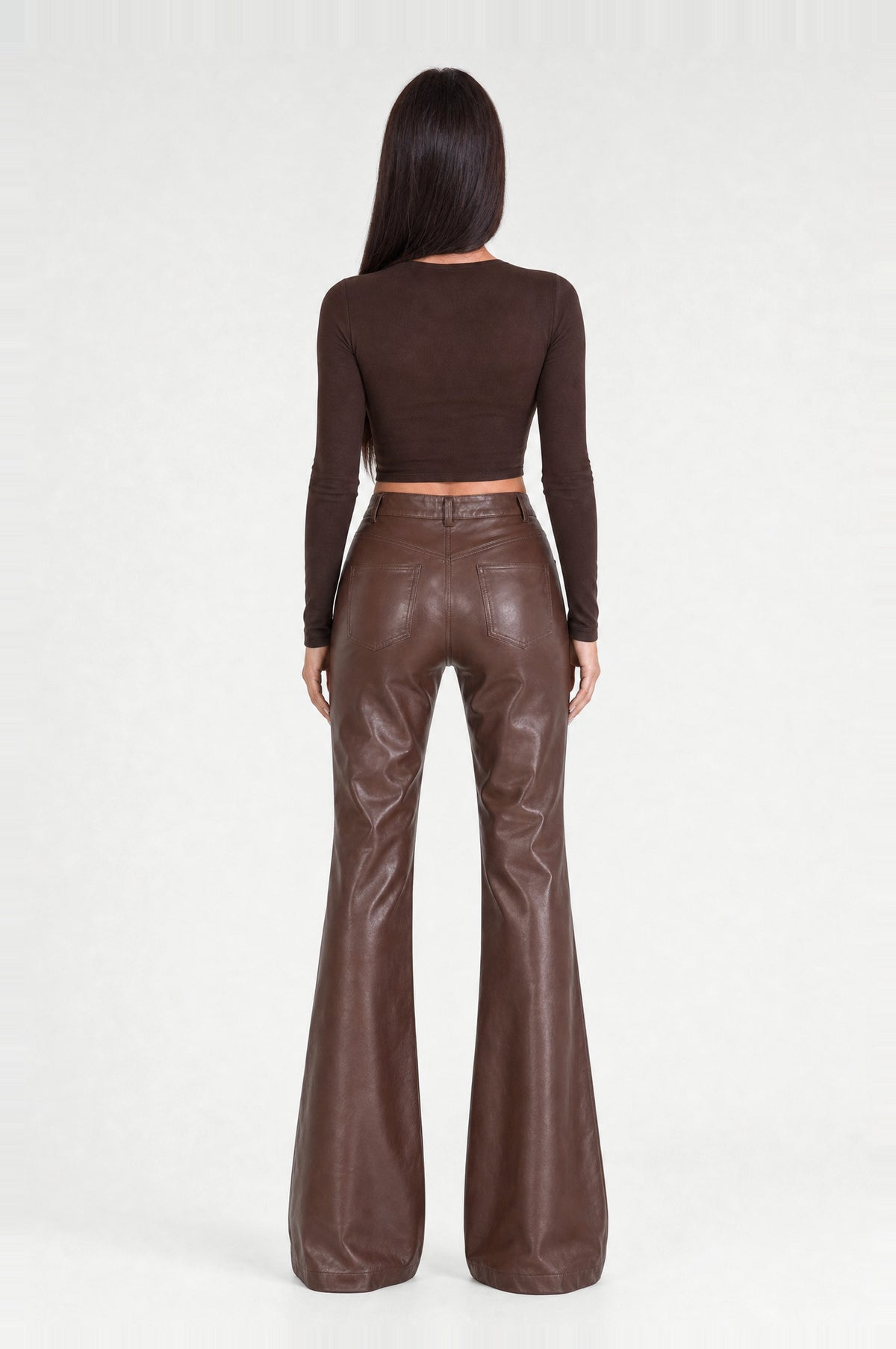 The Fulham Faux Leather Flared Trousers in Coffee, back