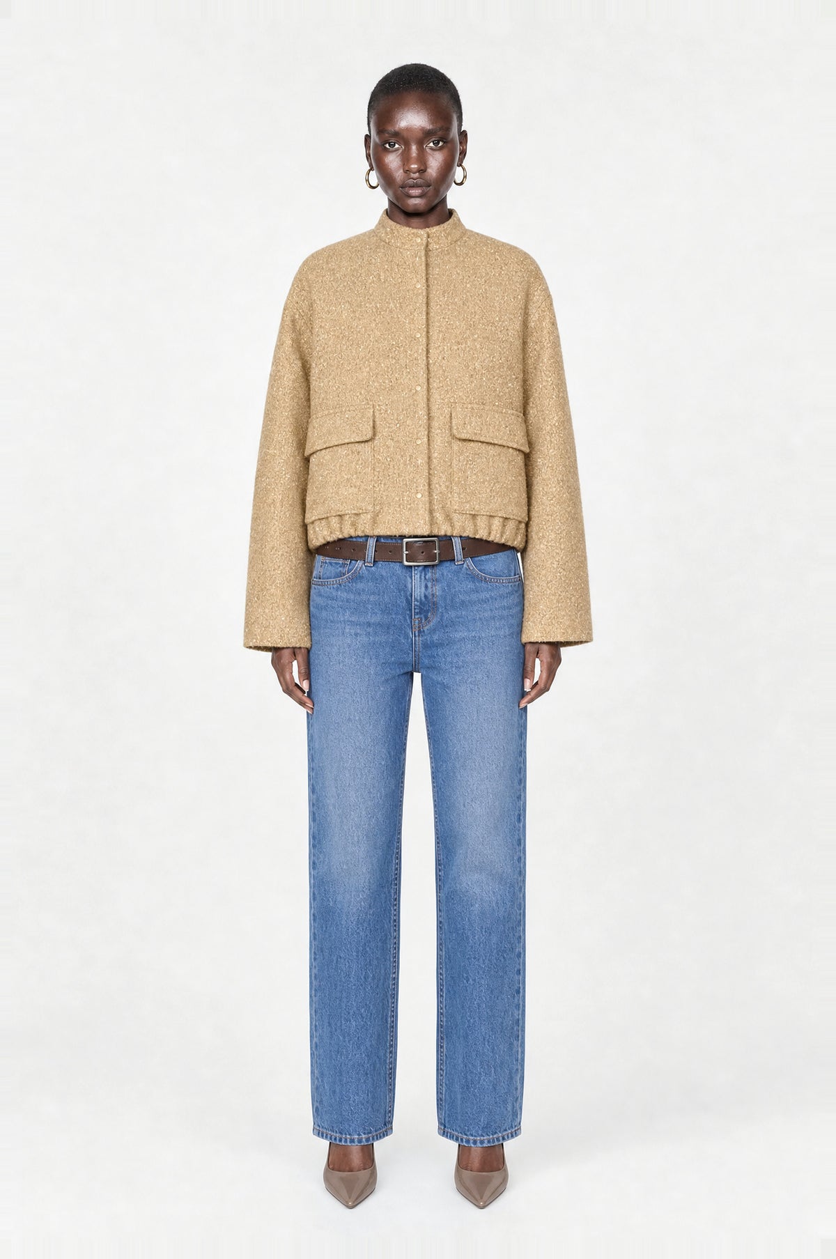 Barbican Bouclé Bomber Jacket in Camel, front