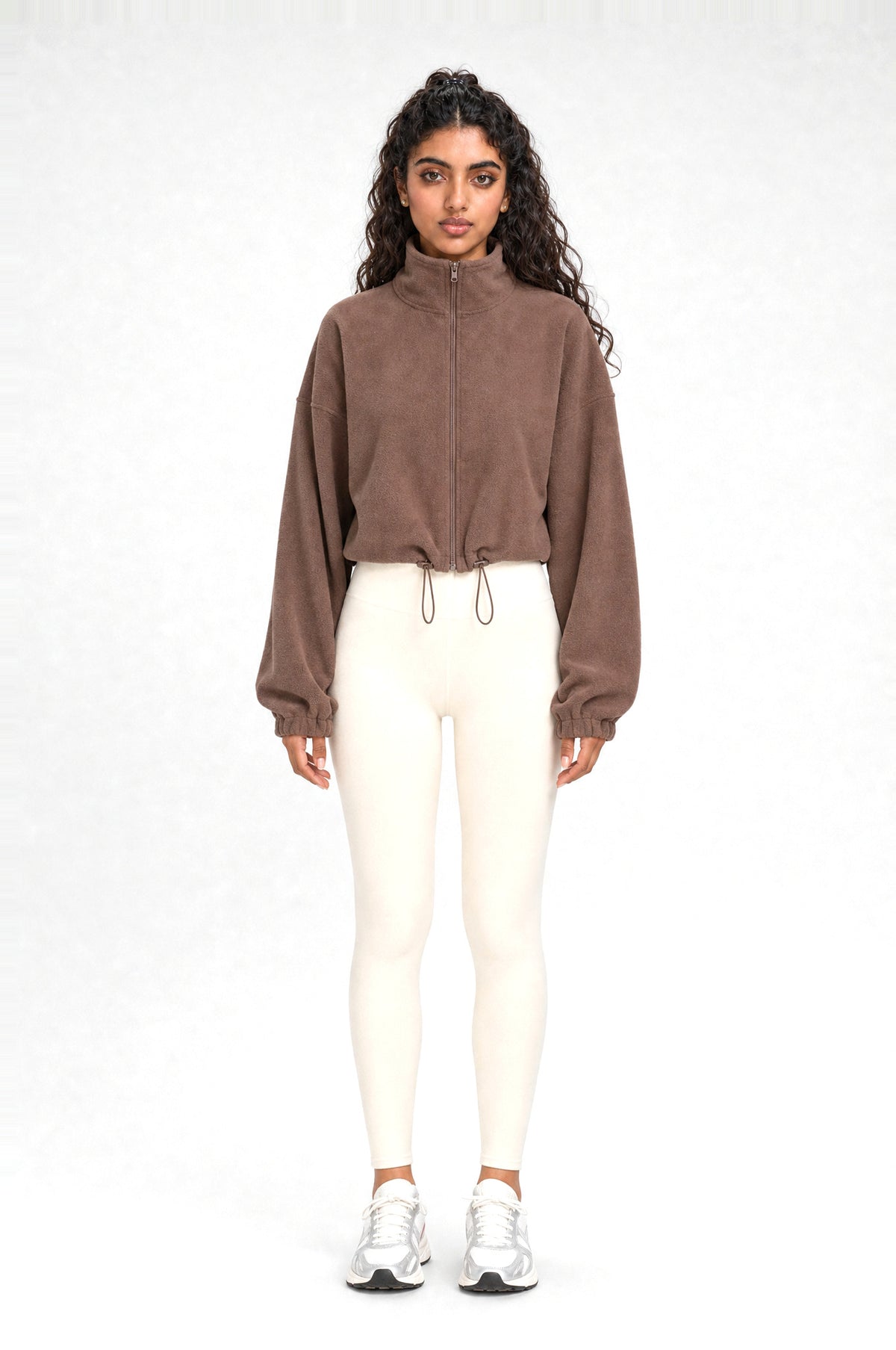 Ealing Cropped Fleece Jacket in Coffee, front view