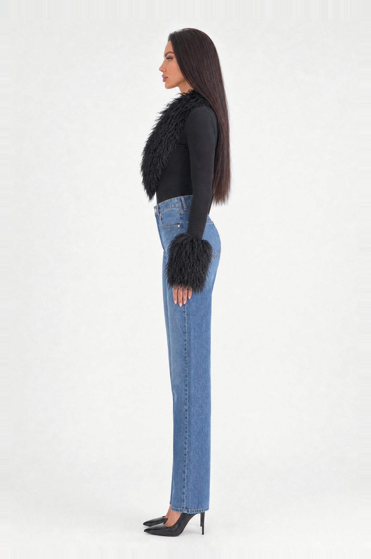 The Highgate Faux Shearling Bodysuit in Black, side profile
