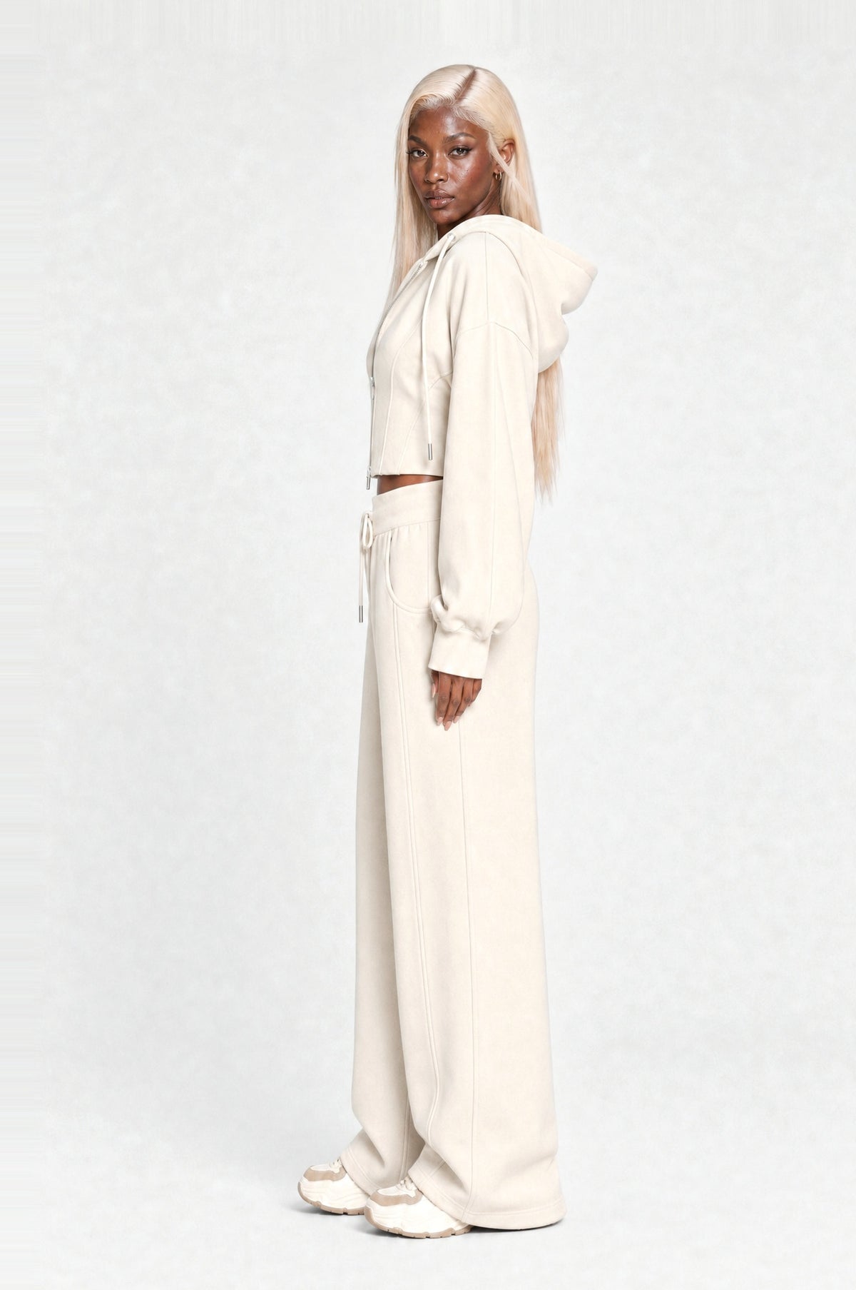 Clapham Cropped Hoodie Set in Cream, side