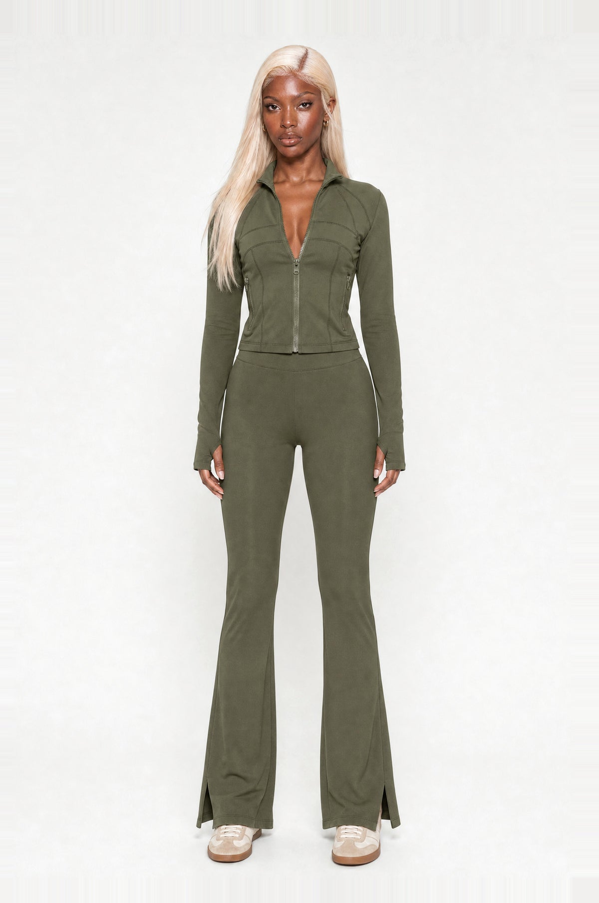 Peckham Flare Two-Piece Set in Khaki Green, front view