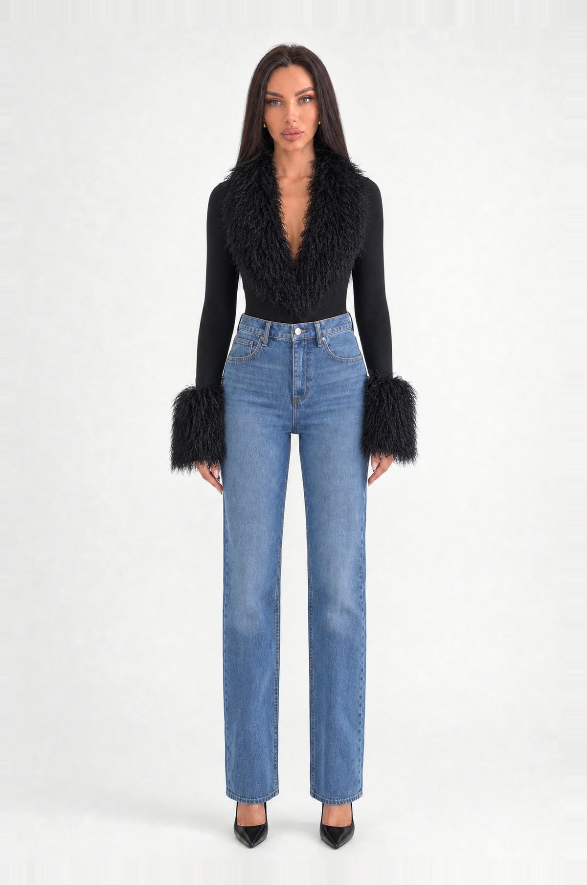 The Highgate Faux Shearling Bodysuit in Black, front