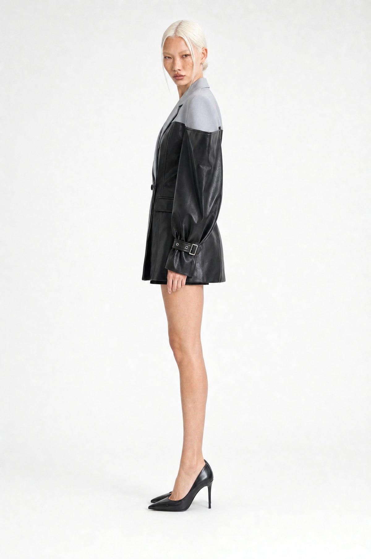 The Knightsbridge Faux Leather Blazer in Black & Grey, side, looking at camera
