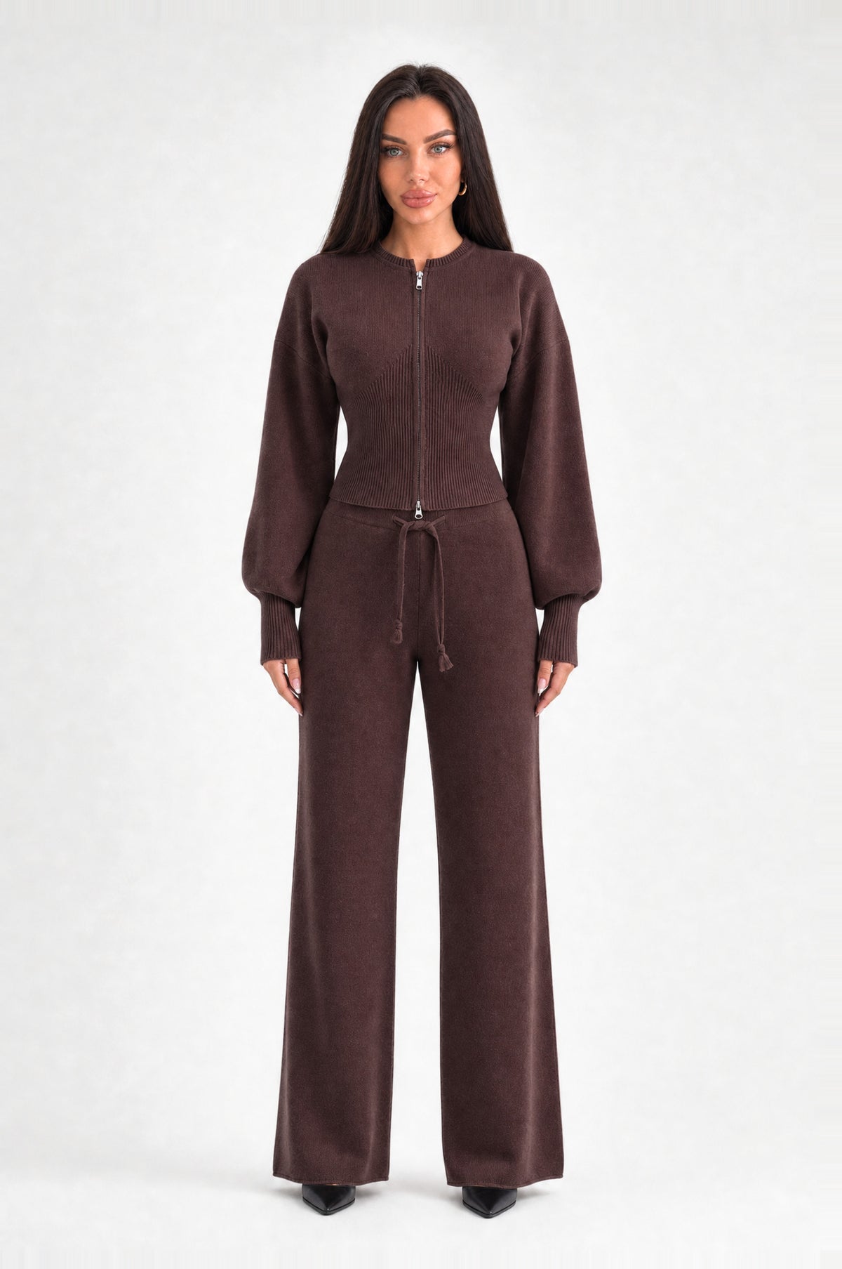 Euston Knitted Zip-Up Set in Coffee, front