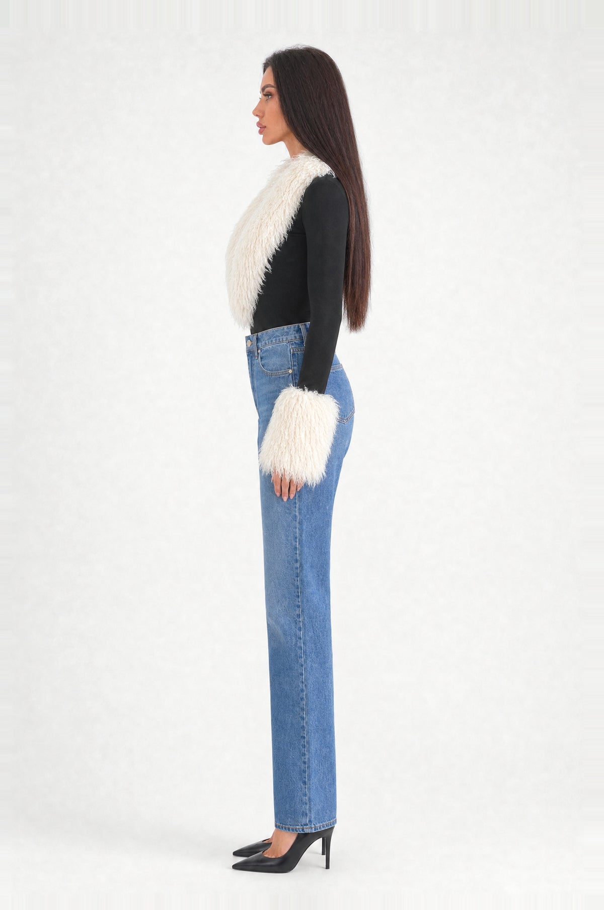 The Highgate Faux Shearling Bodysuit in Black & Cream, side profile