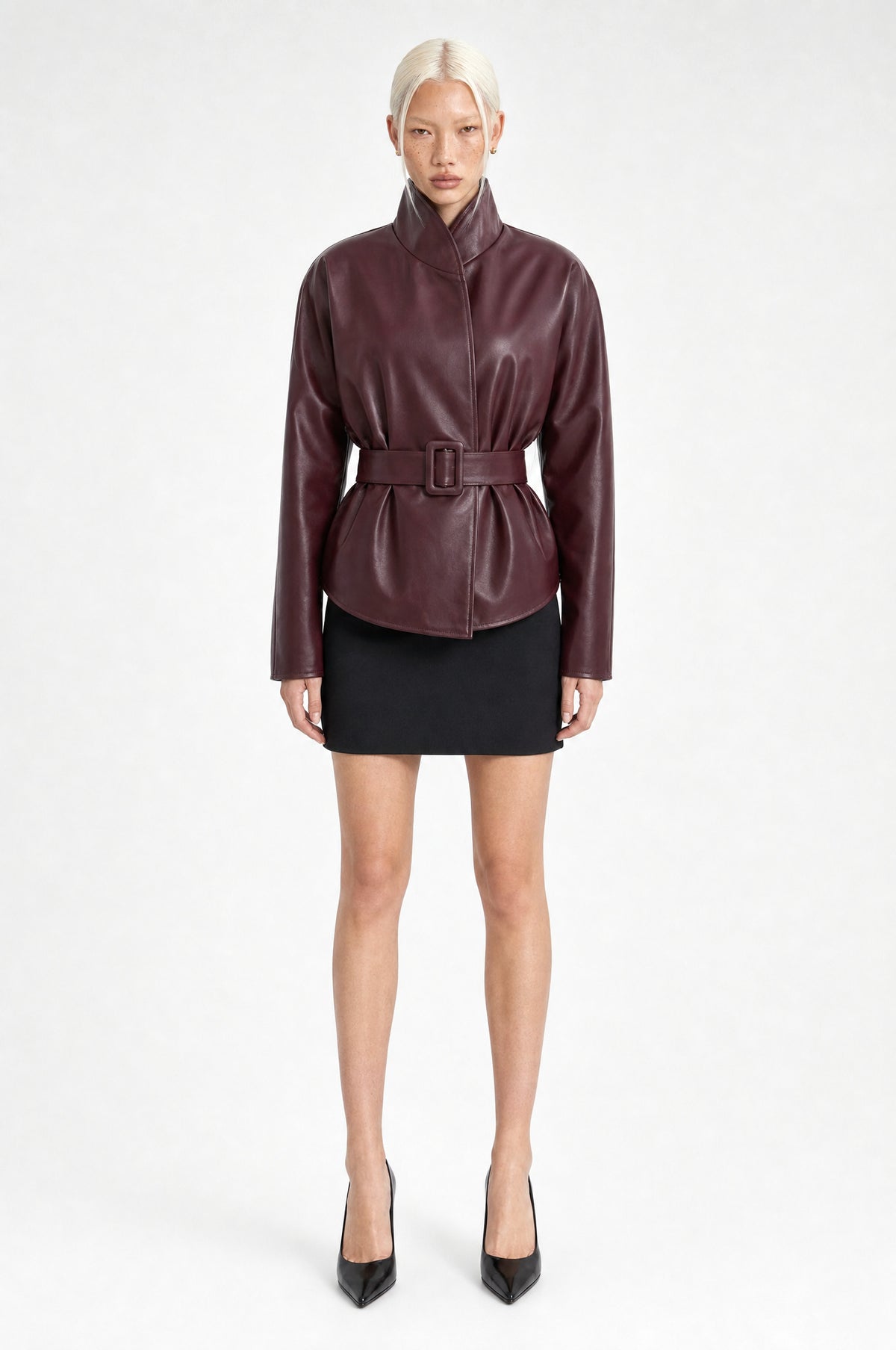 The Soho Faux Leather Jacket in Burgundy, front