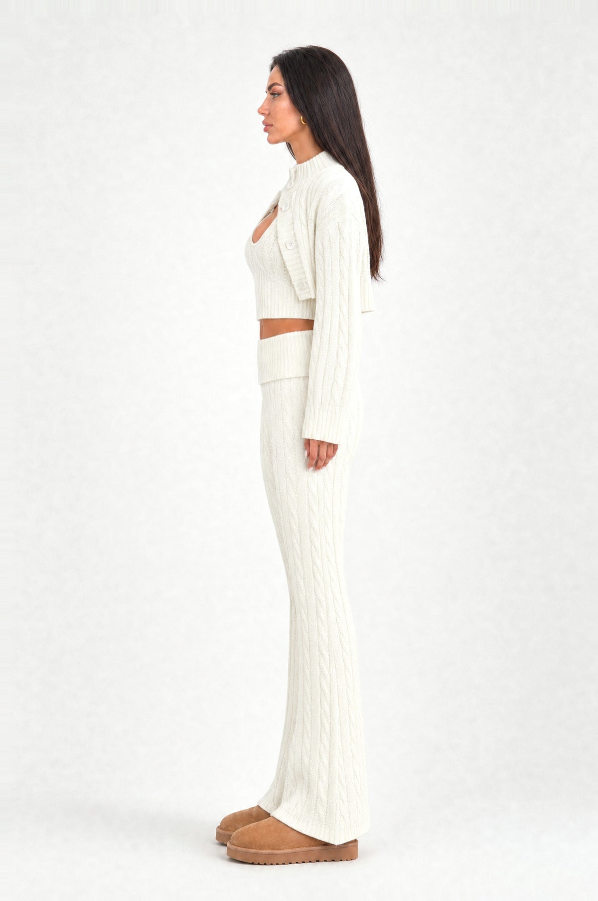 Belsize Cable-Knit Three-Piece Set in Ivory, side profile