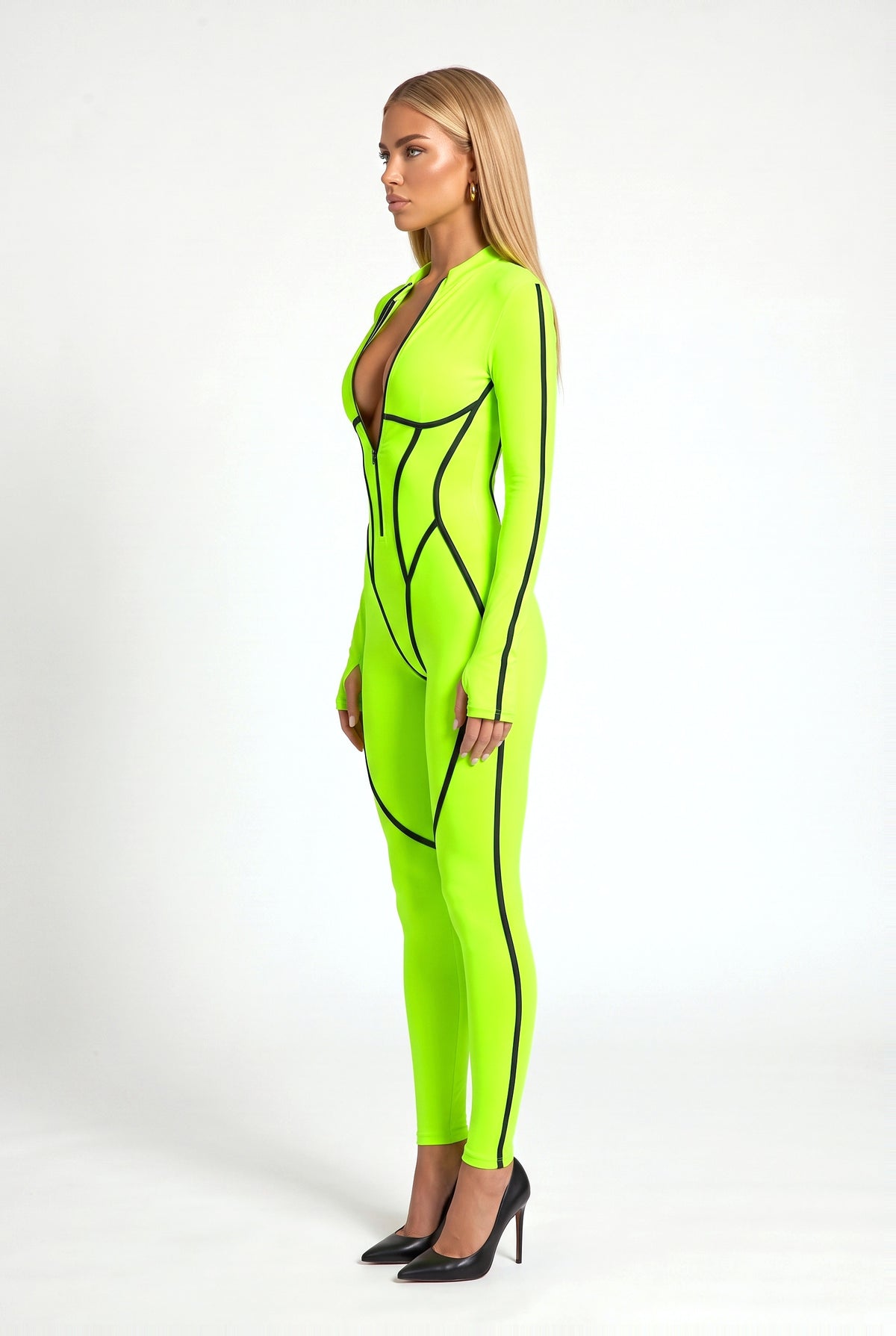 Stockwell Printed Catsuit in Neon Green & Black, side profile
