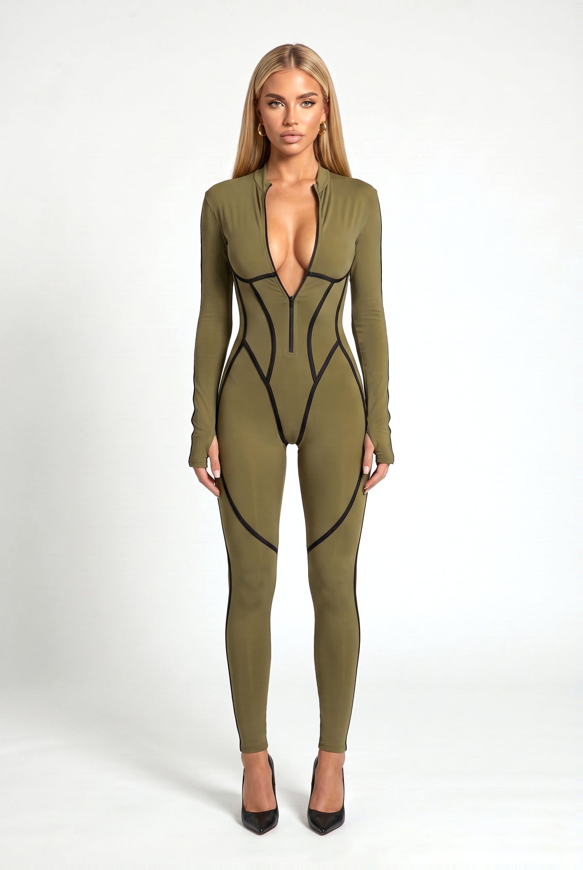 Stockwell Printed Catsuit in Khaki & Black, front view