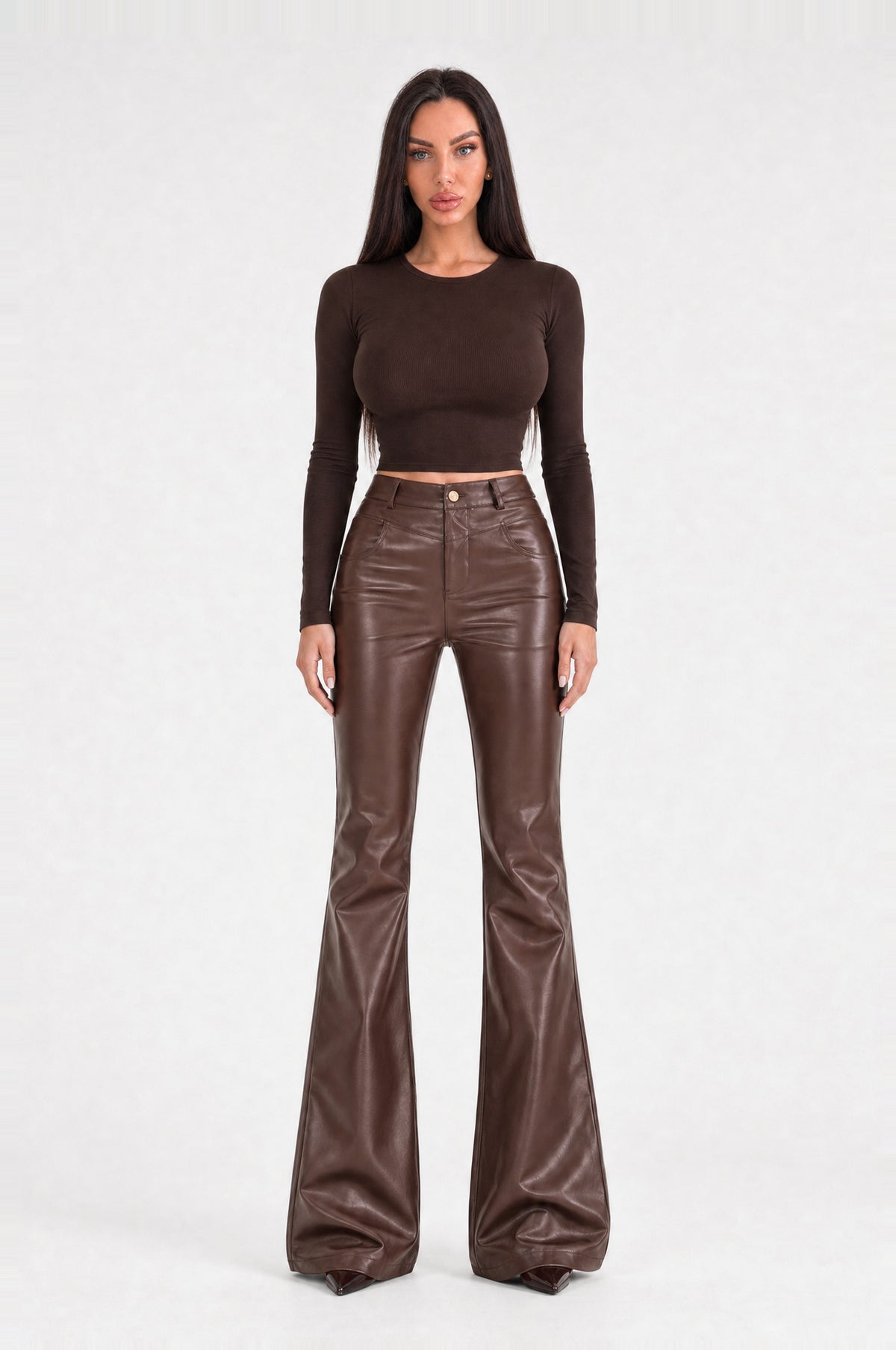 The Fulham Faux Leather Flared Trousers in Coffee, front