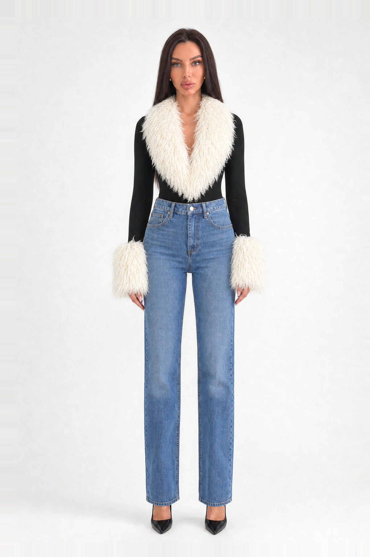 The Highgate Faux Shearling Bodysuit in Black & Cream, front
