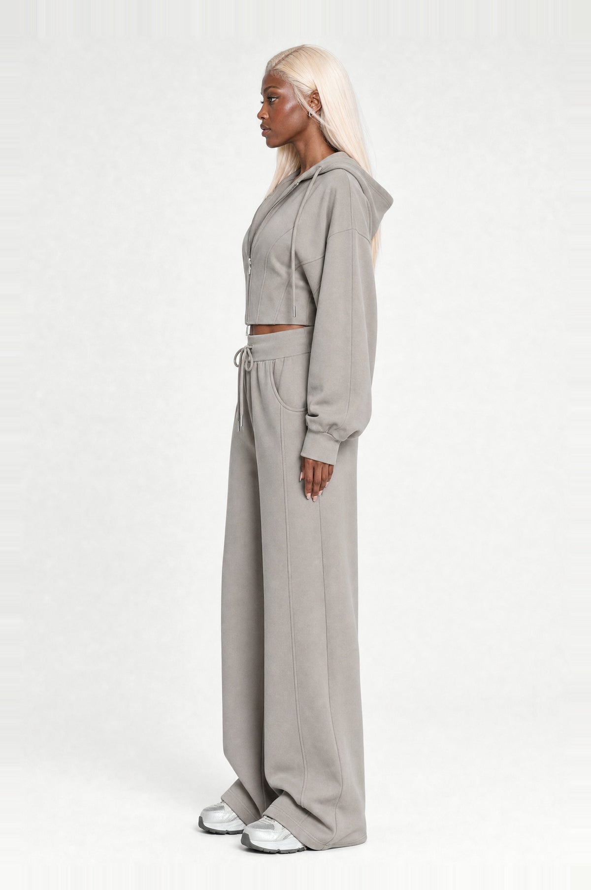 Clapham Cropped Hoodie Set in Grey, side profile