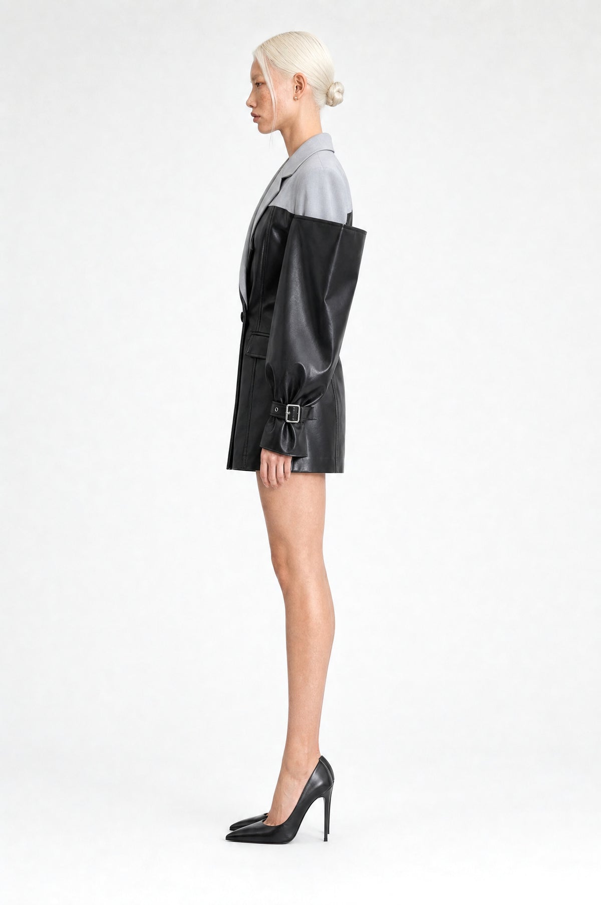 The Knightsbridge Faux Leather Blazer in Black & Grey, side profile