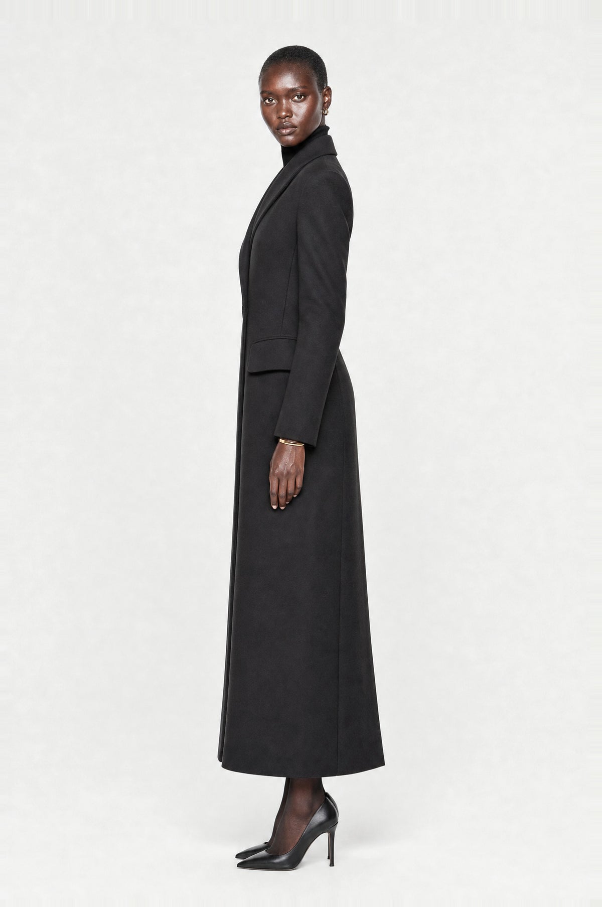 Whitehall Tailored Maxi Coat in Black, side view