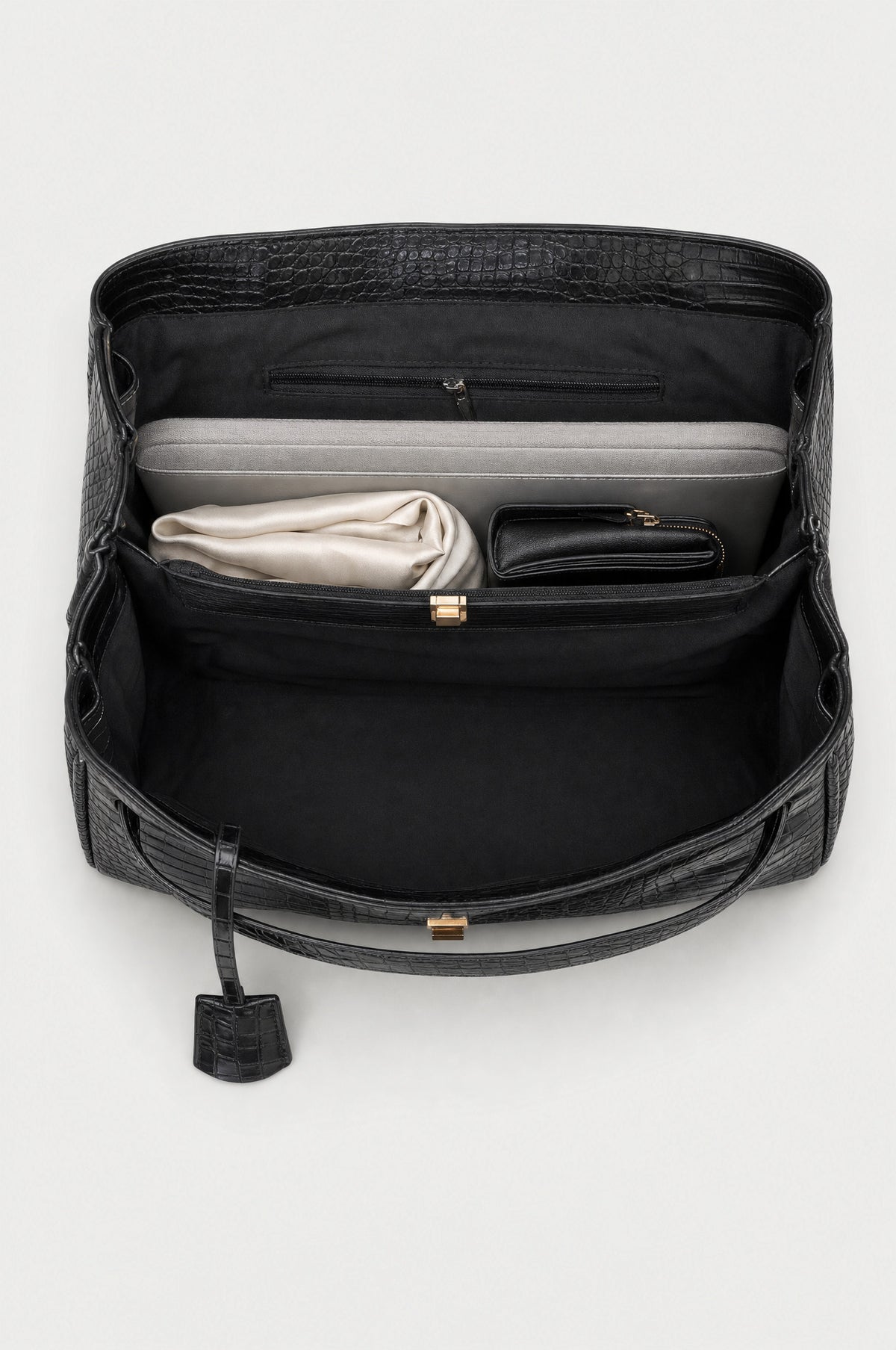The Marylebone Croc-Effect Tote in Black, inside, zipped pocket and divider