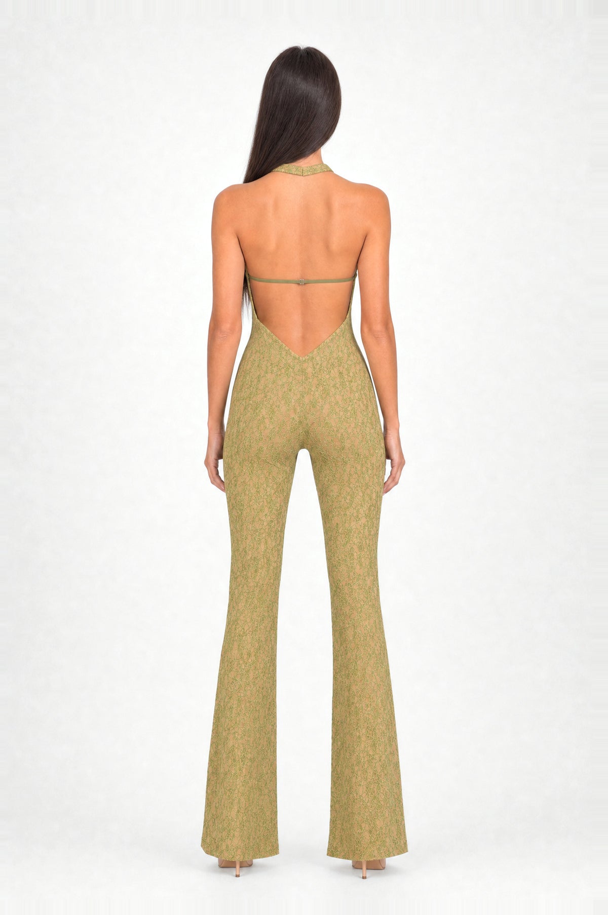 The Kew Lace Halter Jumpsuit in Green, back
