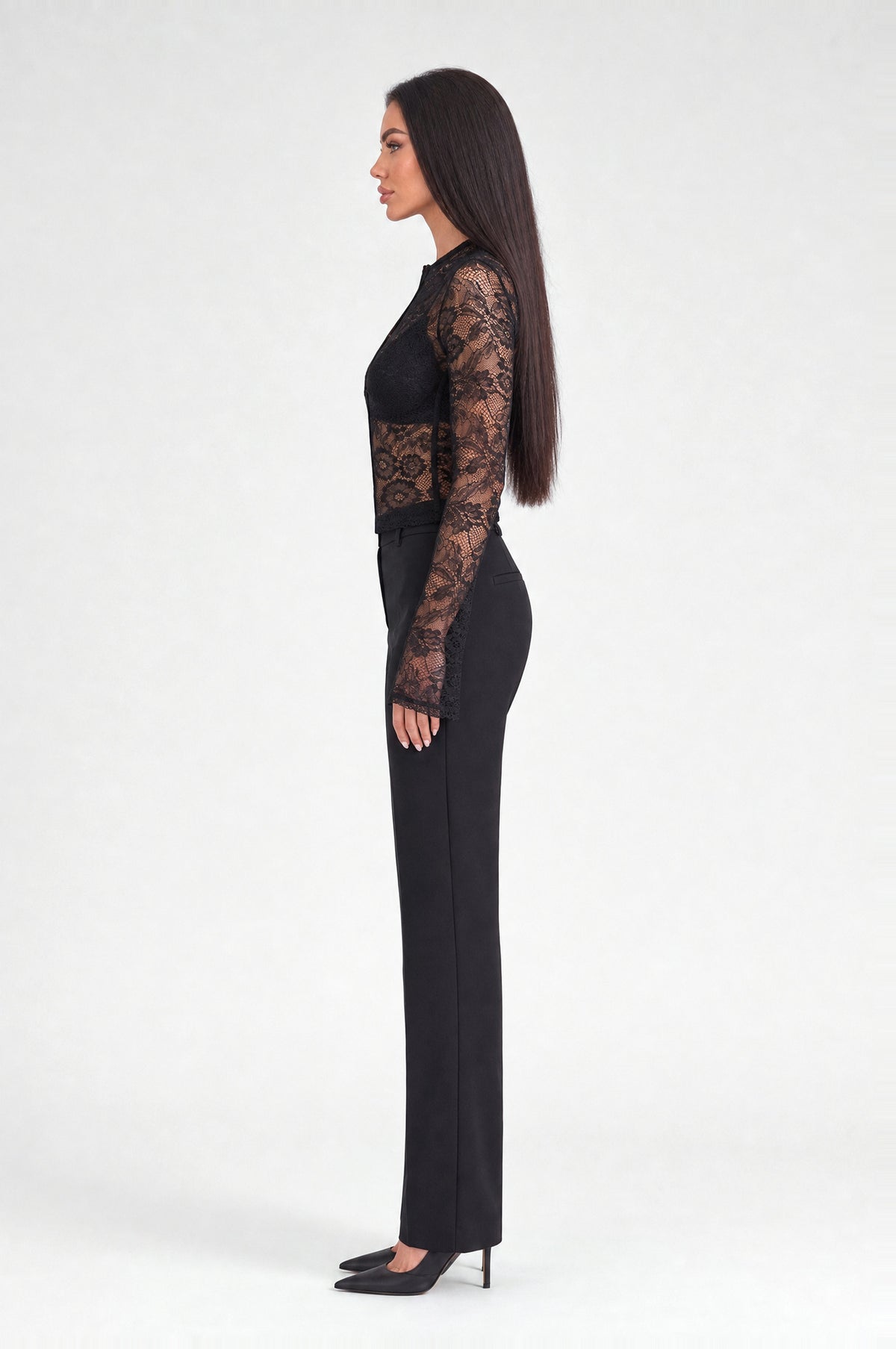 Strand Lace Keyhole Top in Black, side profile
