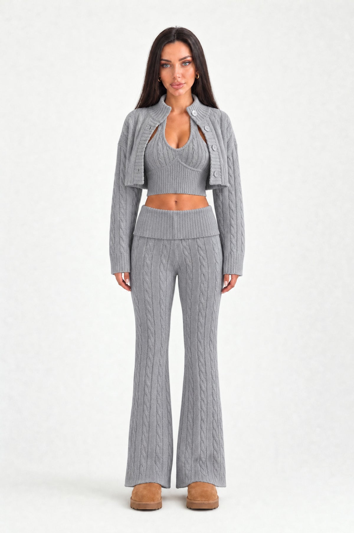Belsize Cable-Knit Three-Piece Set in Grey, front
