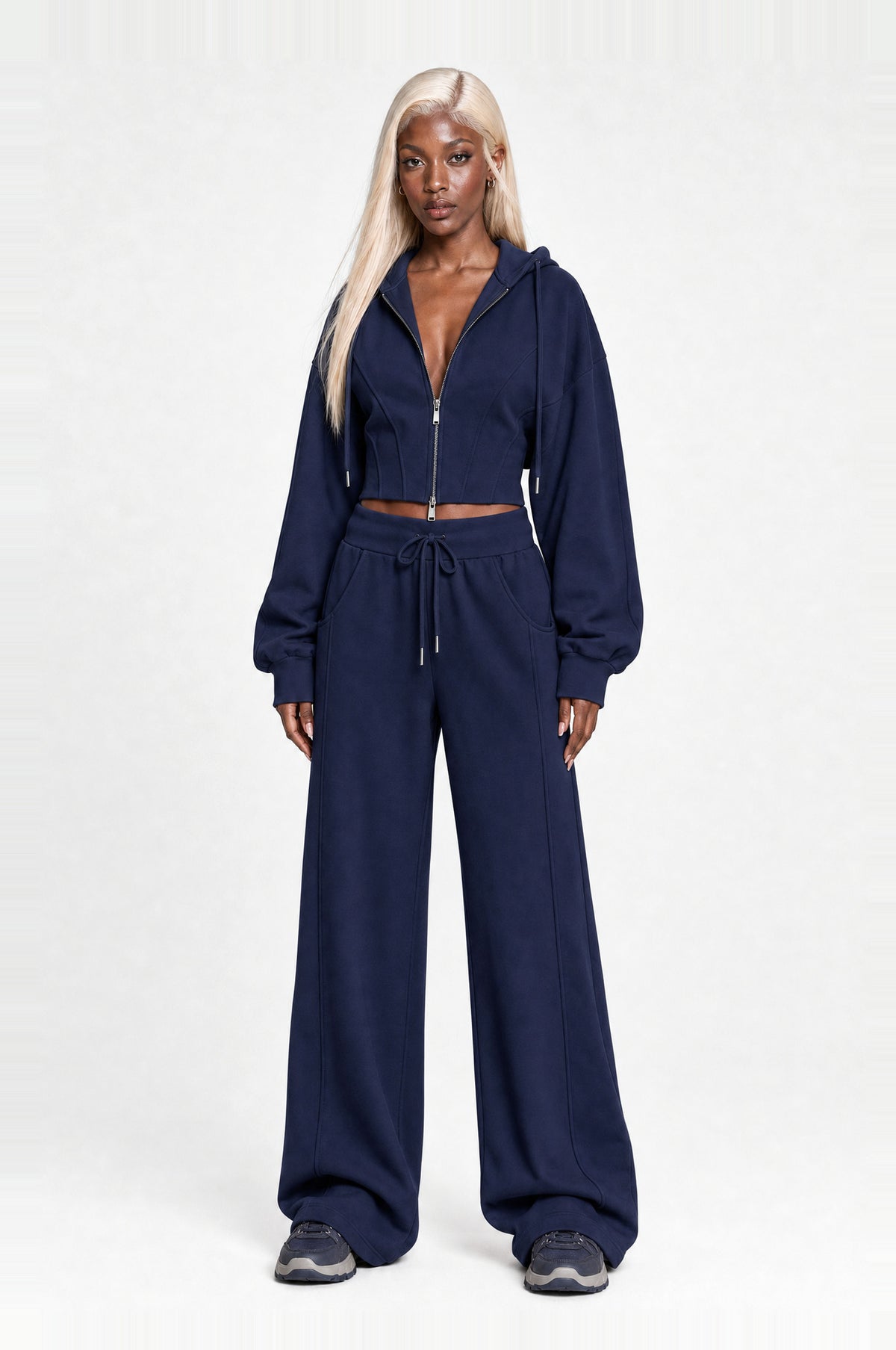 Clapham Cropped Hoodie Set in Navy, front