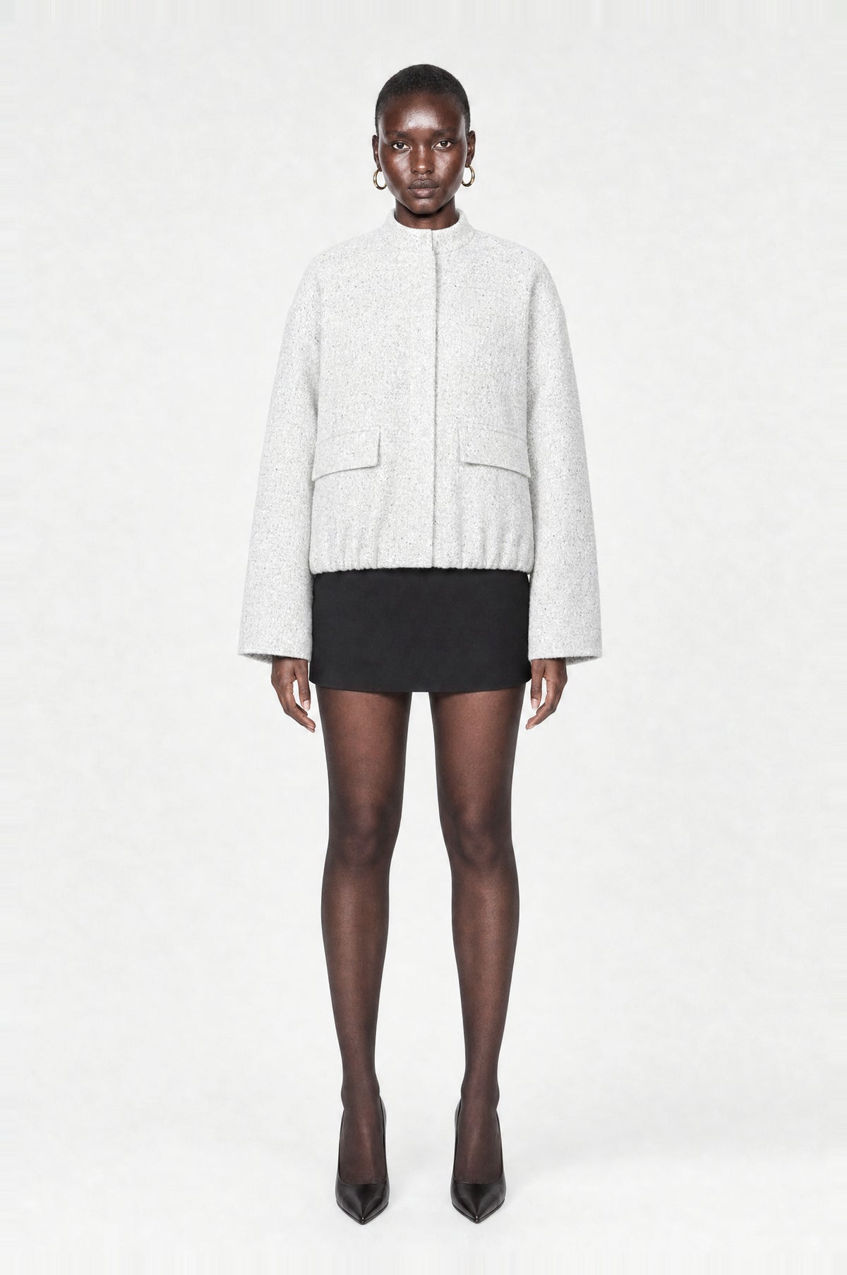Barbican Bouclé Bomber Jacket in White, front