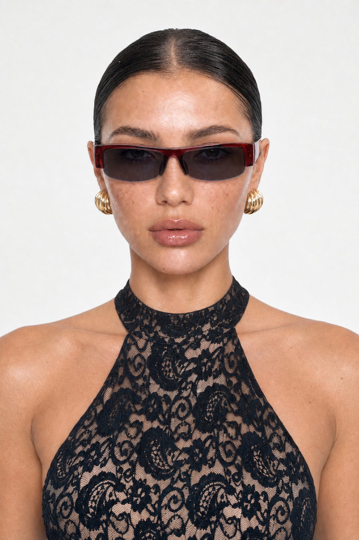 The Barnes Rectangle Sunglasses in Burgundy, worn, front