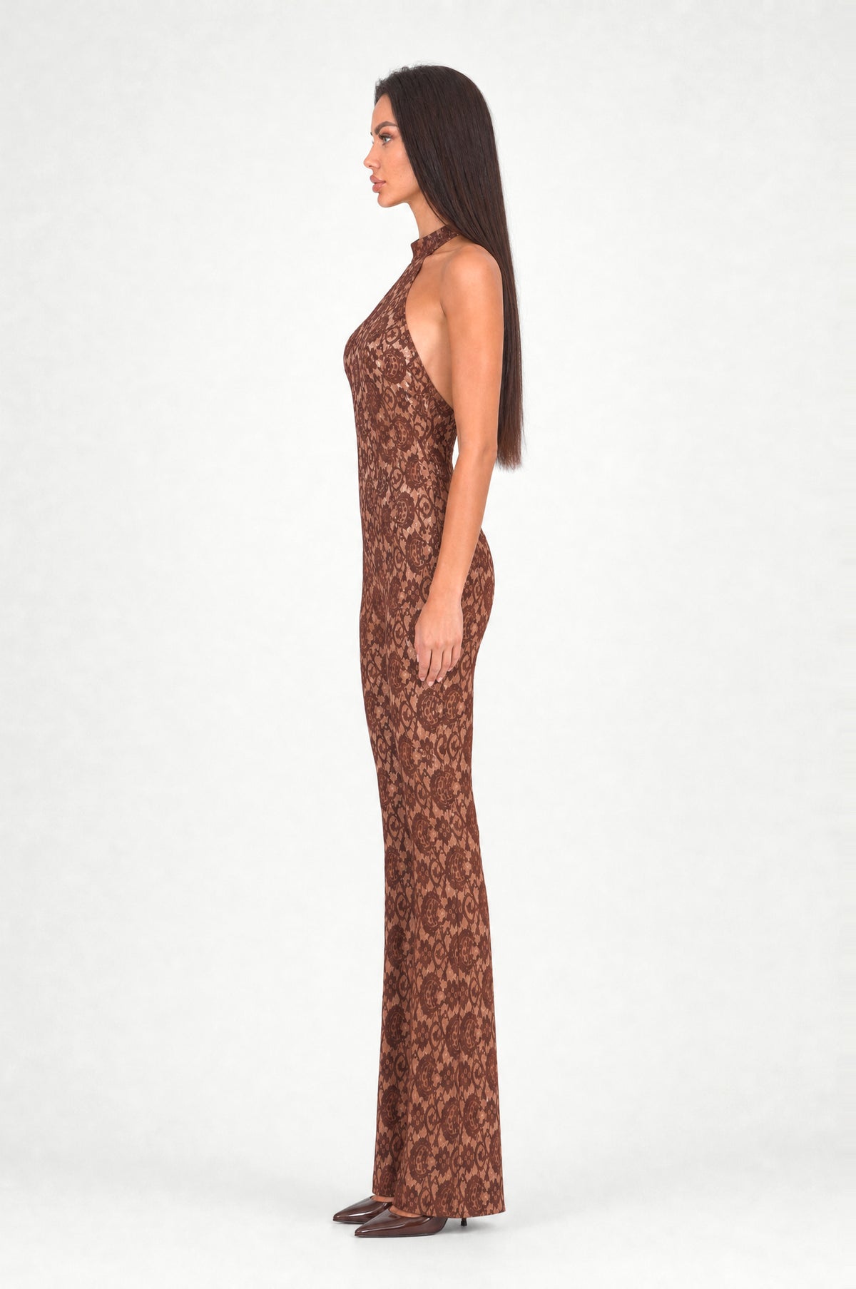 The Kew Lace Halter Jumpsuit in Coffee, side profile
