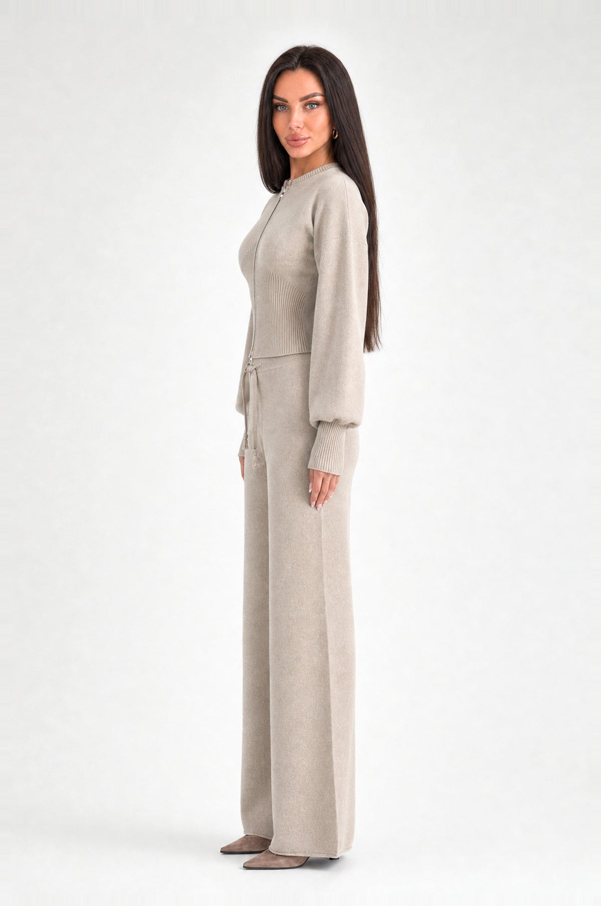 Euston Knitted Zip-Up Set in Apricot, side view