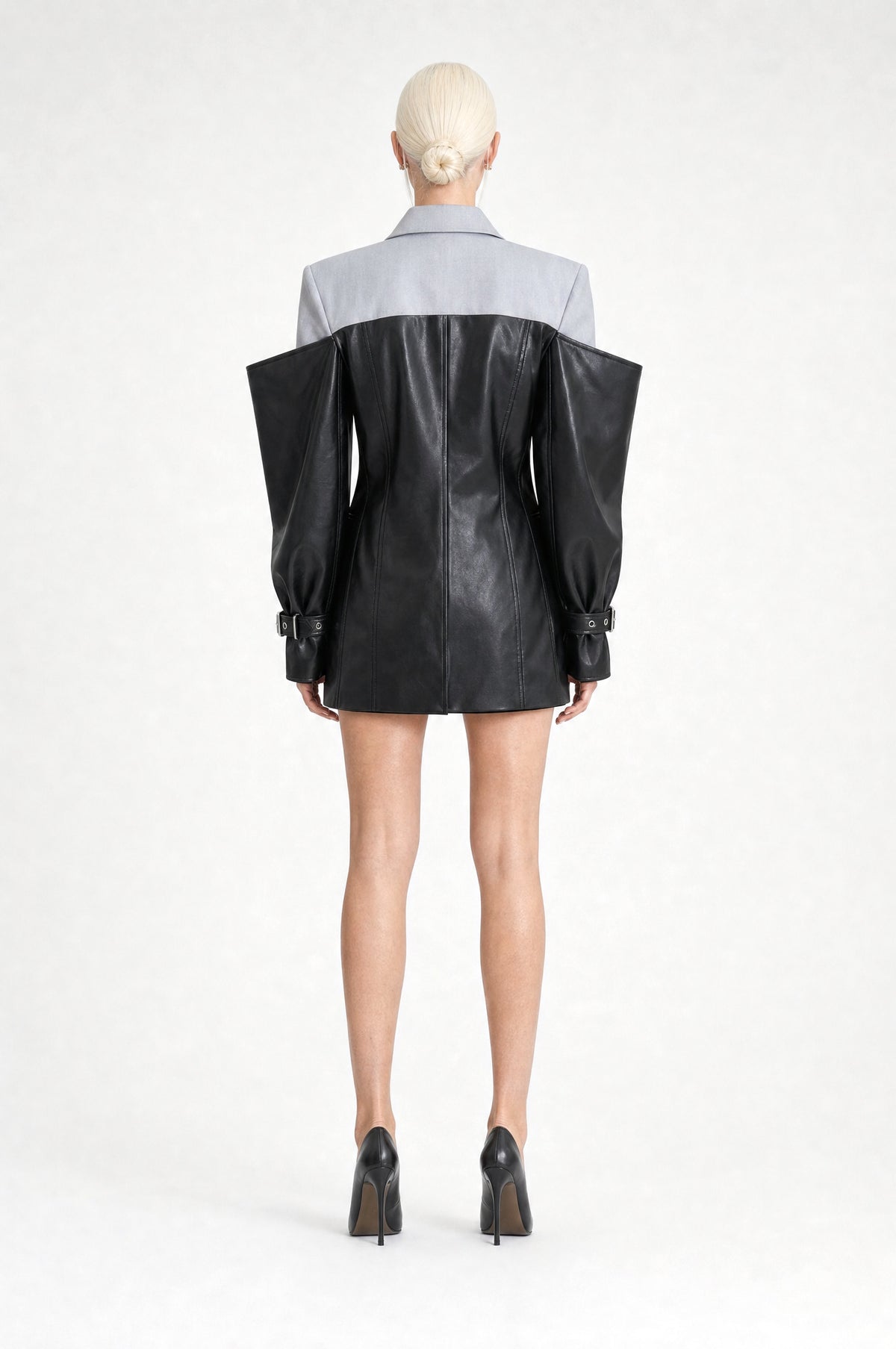 The Knightsbridge Faux Leather Blazer in Black & Grey, back