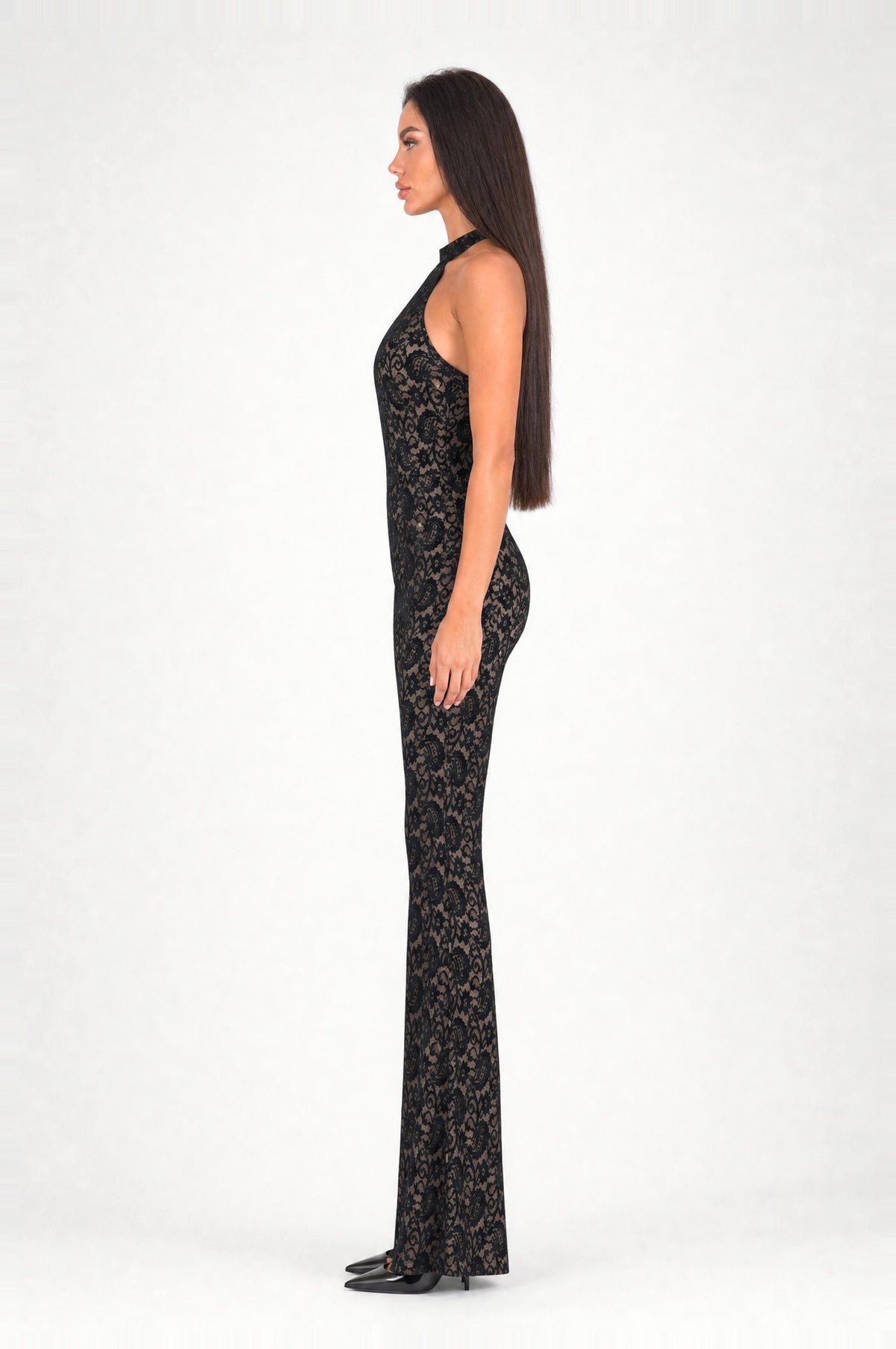 The Kew Lace Halter Jumpsuit in Black, side profile