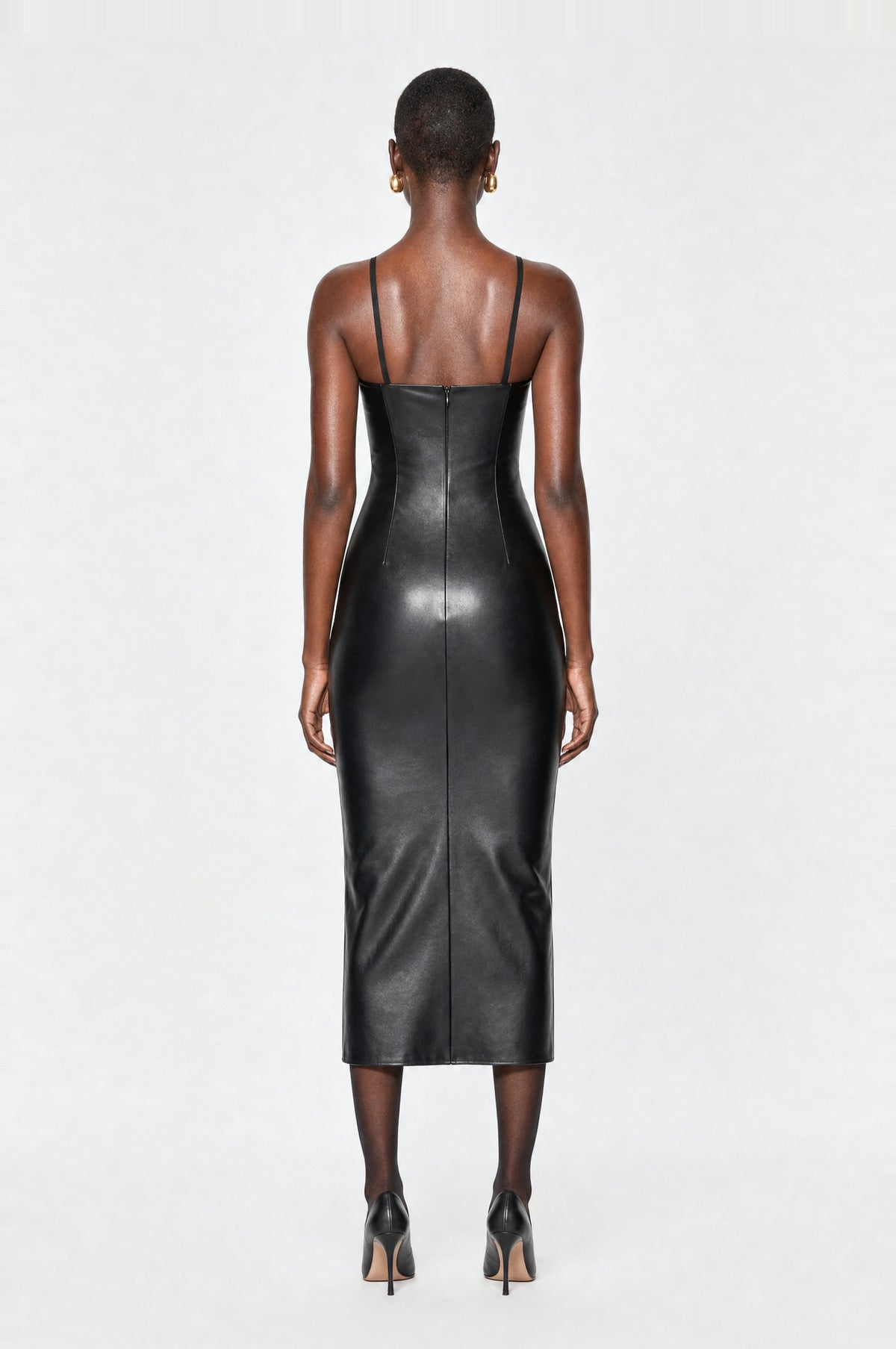 Piccadilly Faux Leather Midi Dress in Black, back