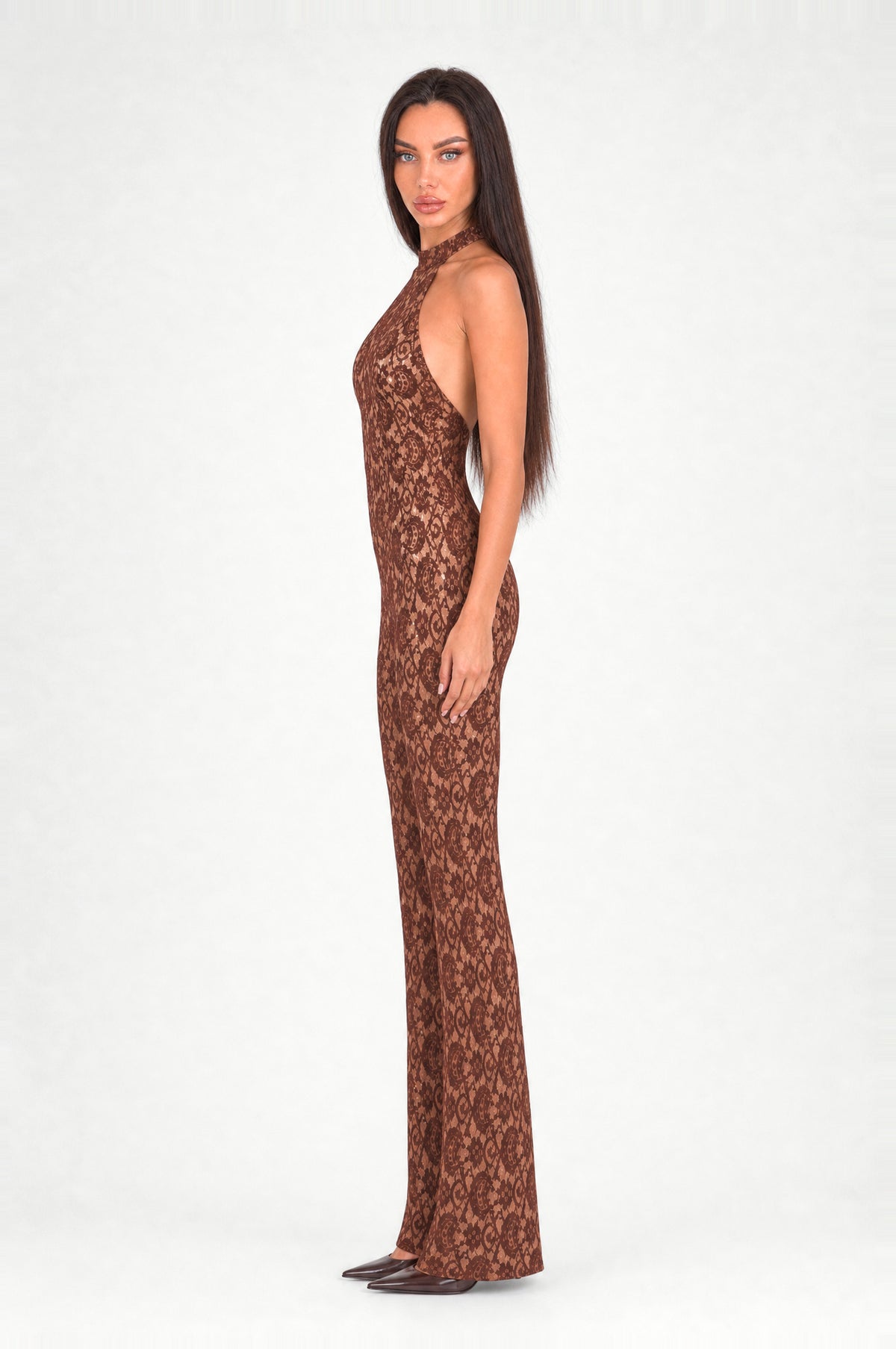 The Kew Lace Halter Jumpsuit in Coffee, side, looking at camera