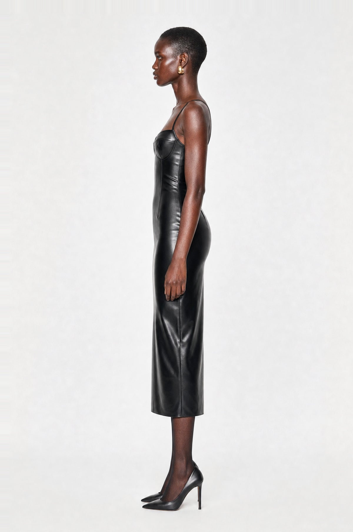 Piccadilly Faux Leather Midi Dress in Black, side profile