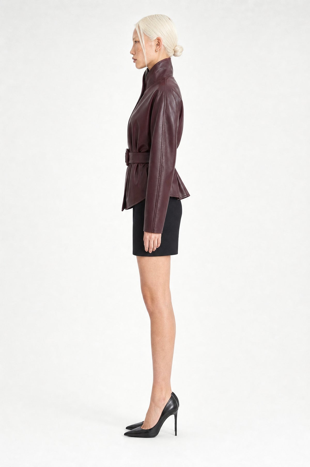 The Soho Faux Leather Jacket in Burgundy, side profile