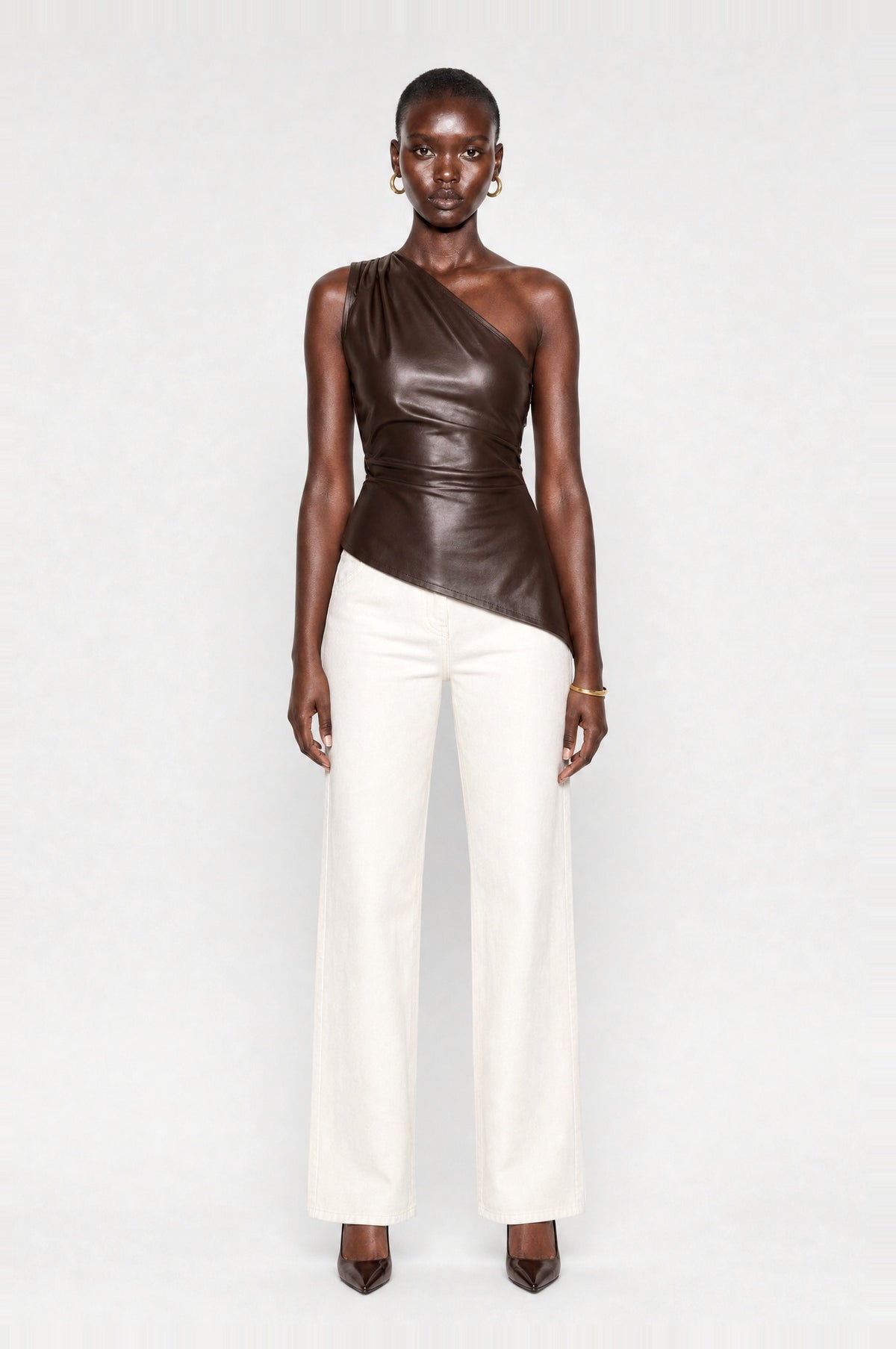 Aldgate Leather-Look One-Shoulder Top in Dark Brown, front