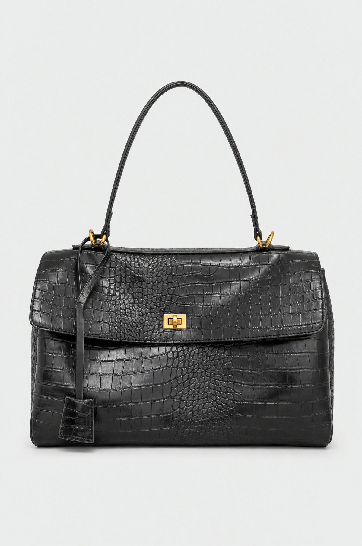 The Marylebone Croc-Effect Tote in Black, product shot, front