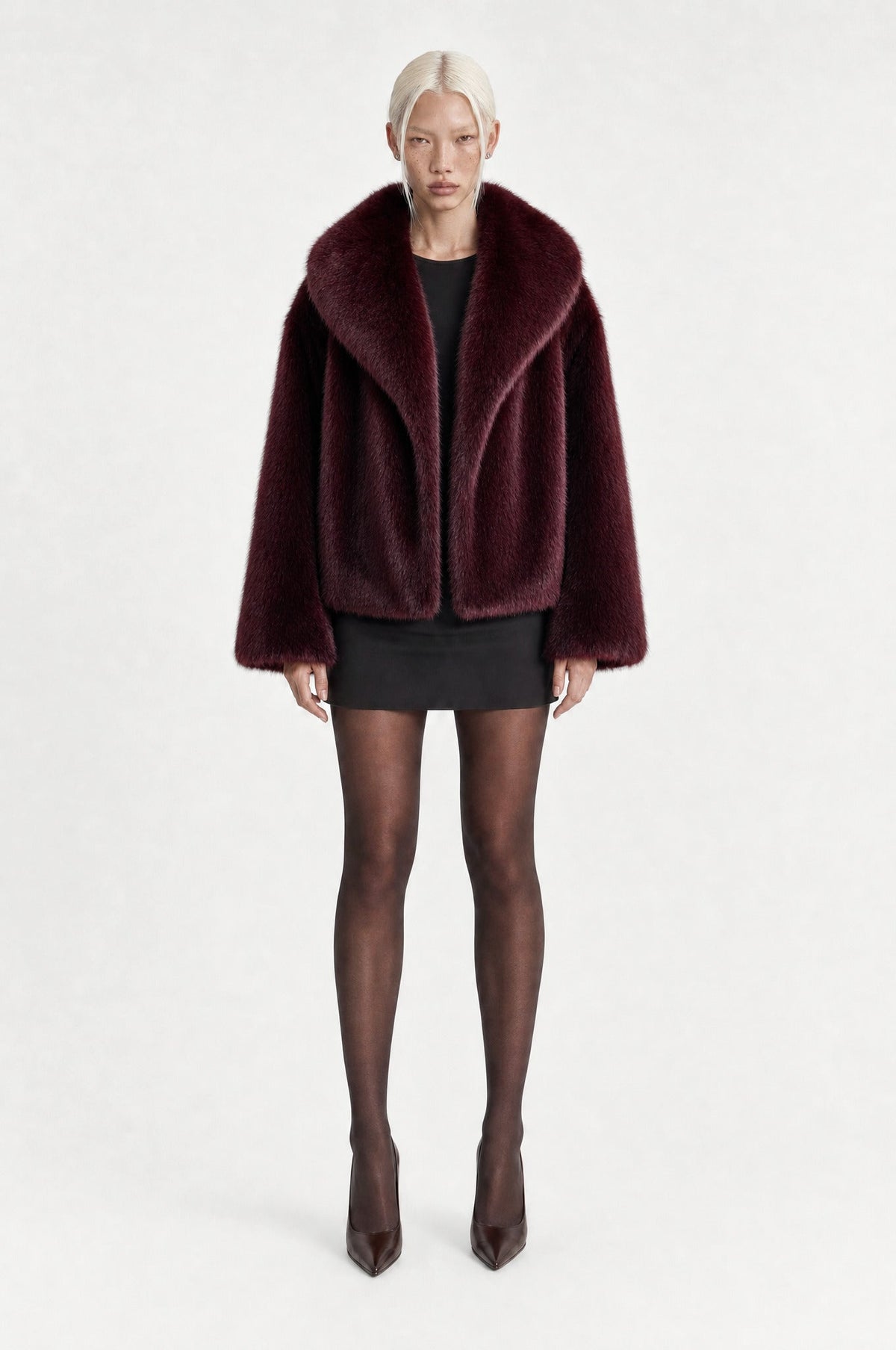The Belgravia Faux Fur Jacket in Burgundy, front