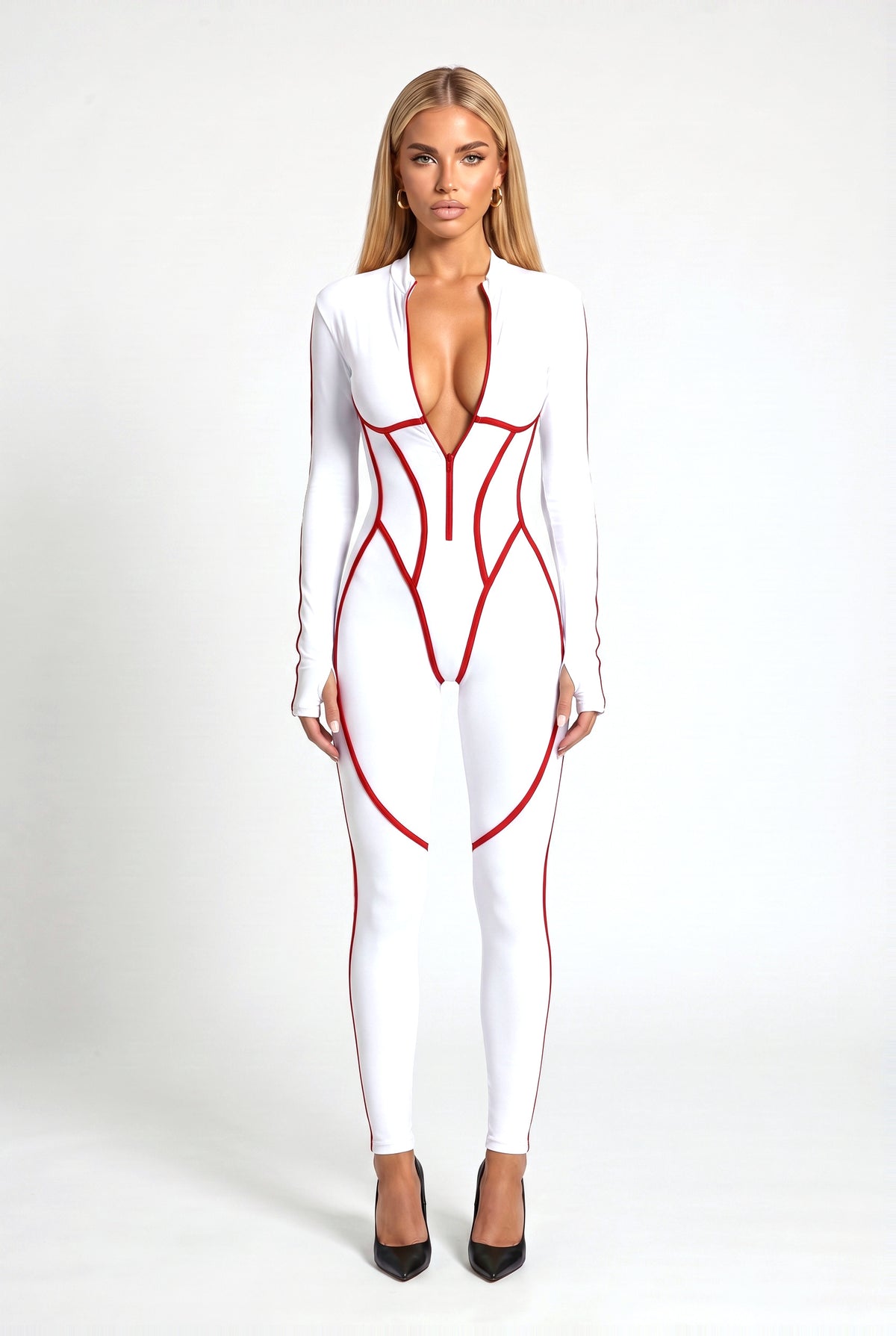 Stockwell Printed Catsuit in White & Red, front view