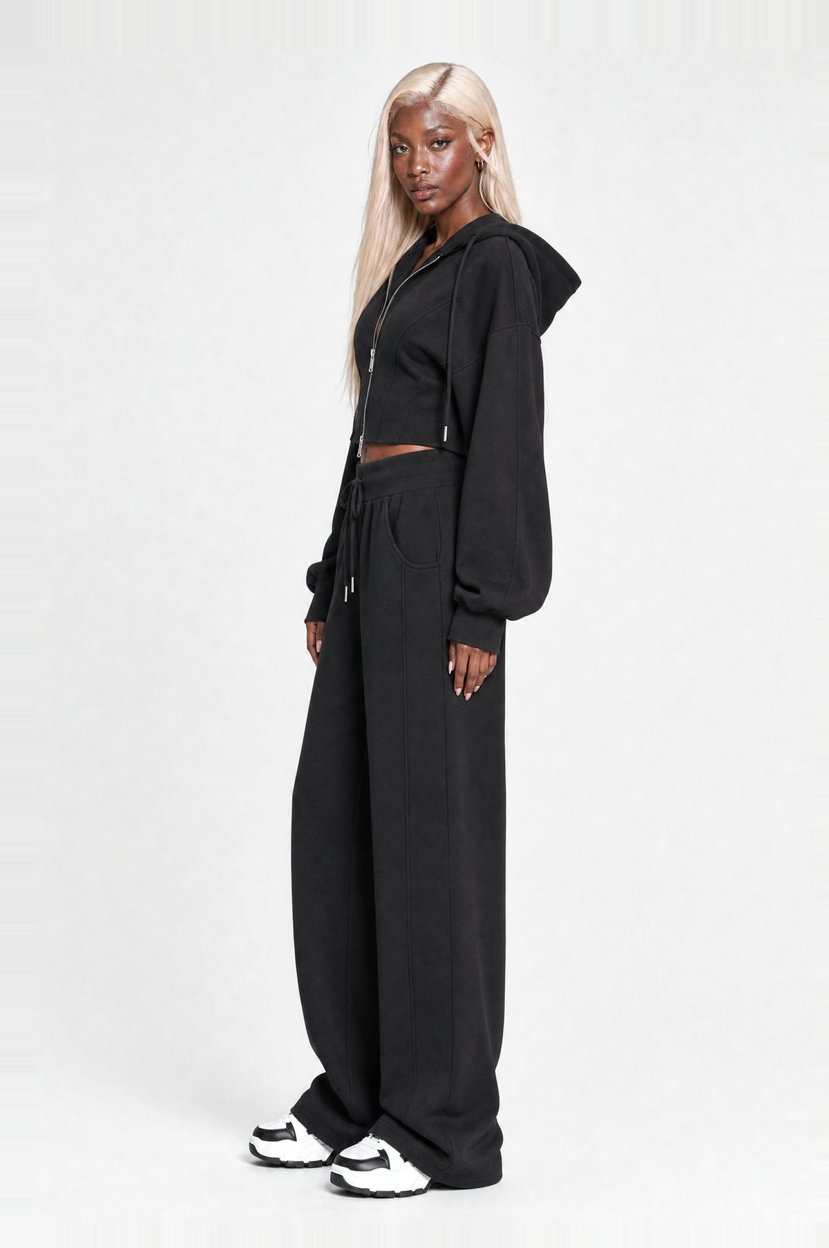 Clapham Cropped Hoodie Set in Black, side