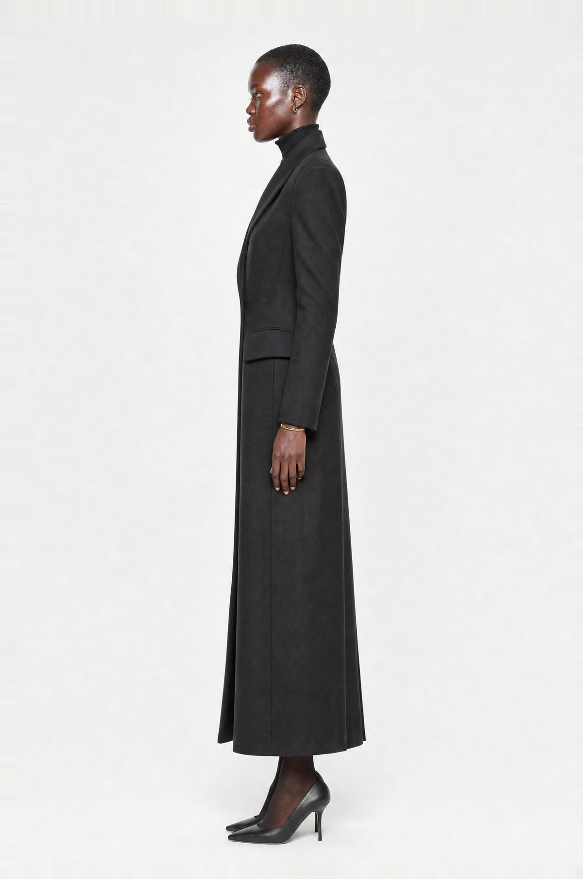 Whitehall Tailored Maxi Coat in Black, side profile