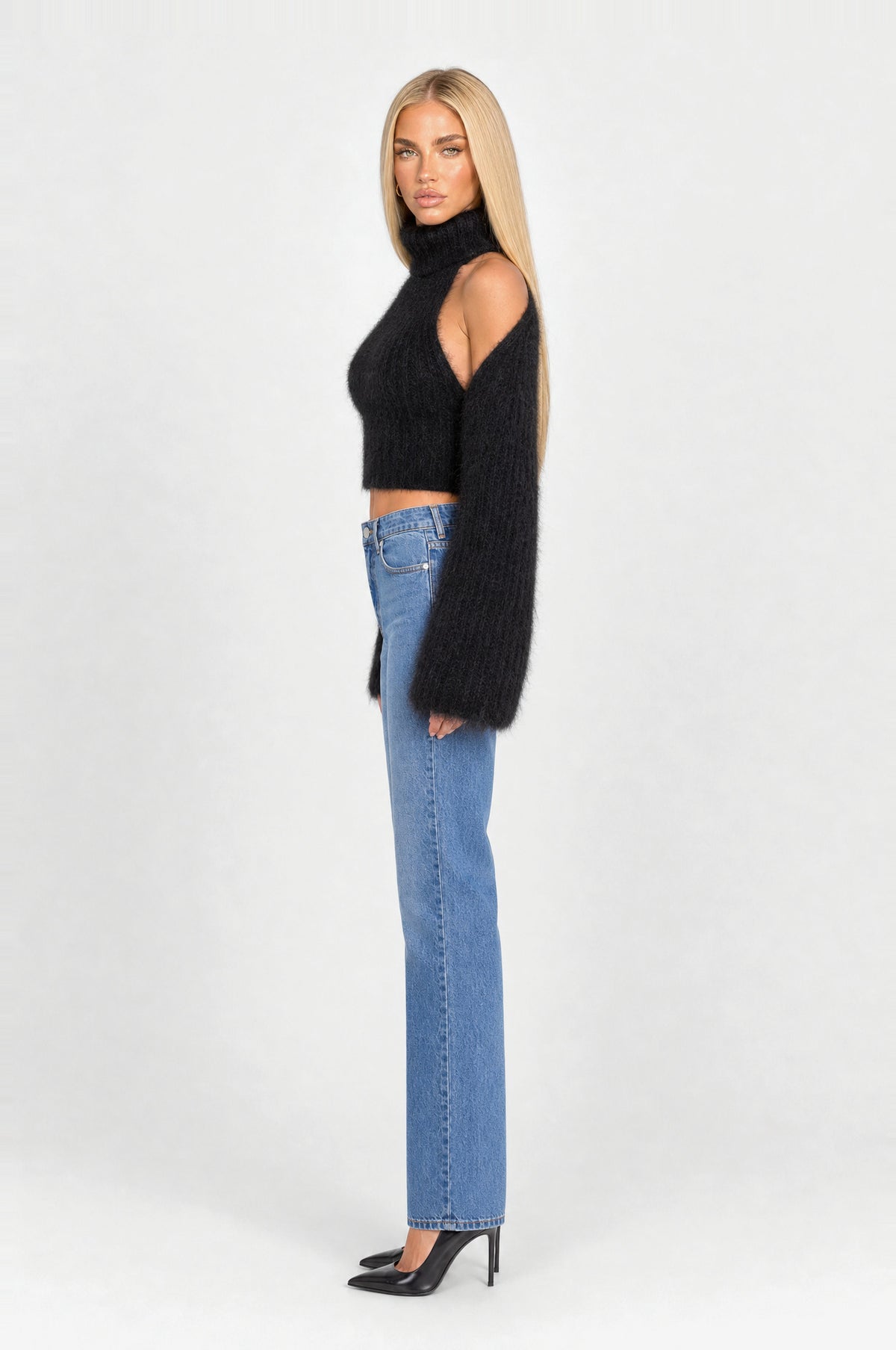Angel Fluffy Knit Two-Piece in Black, side view looking back